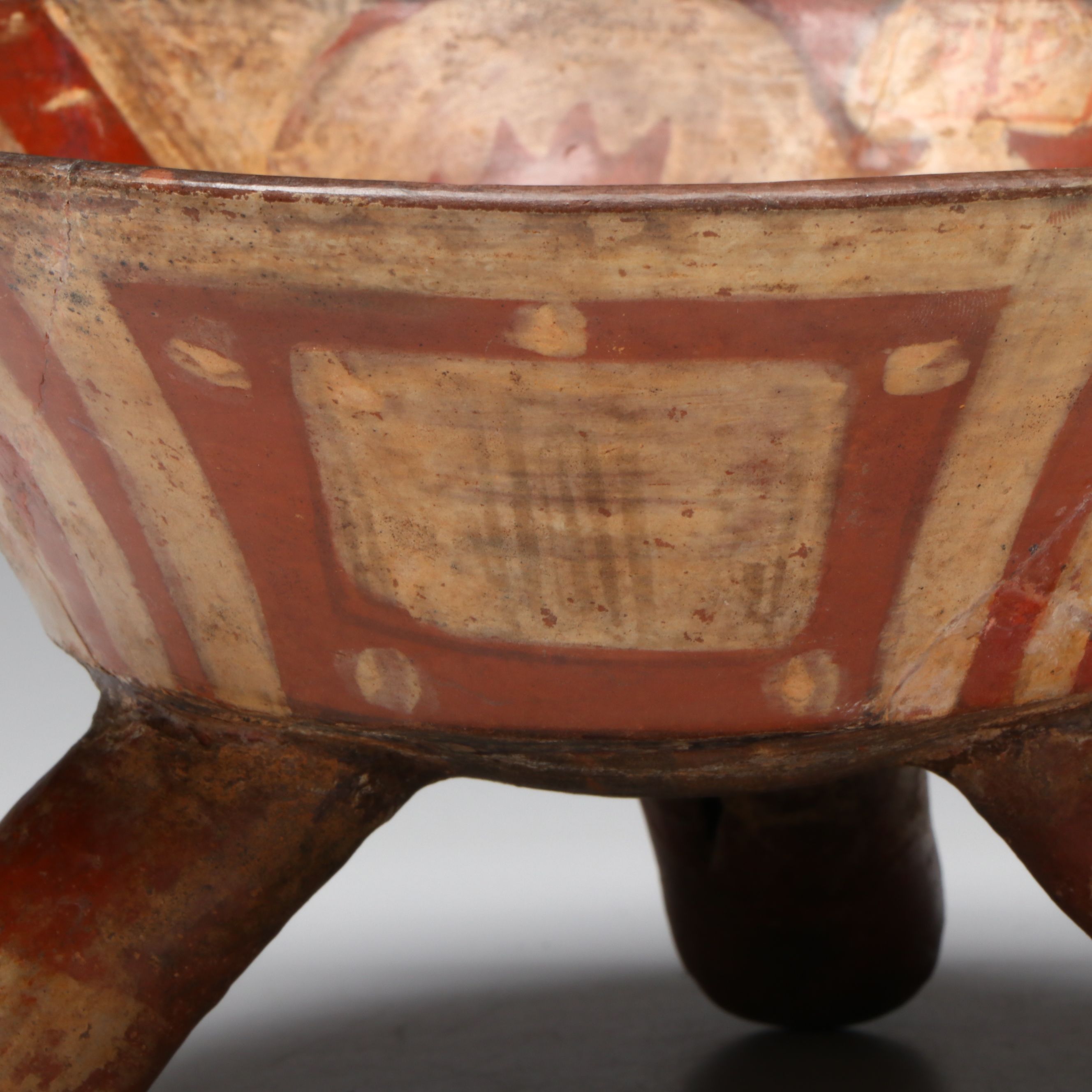 Pre-Columbian Mixtec Pottery Polychrome Tripod Bowl, Circa 1200-1500 CE.
