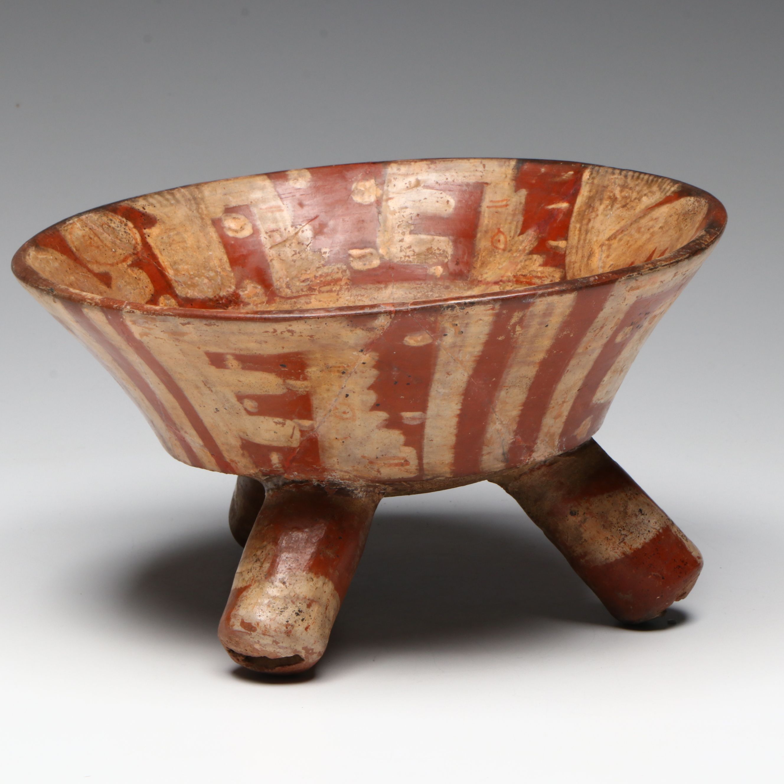 Pre-Columbian Mixtec Pottery Polychrome Tripod Bowl, Circa 1200-1500 CE.