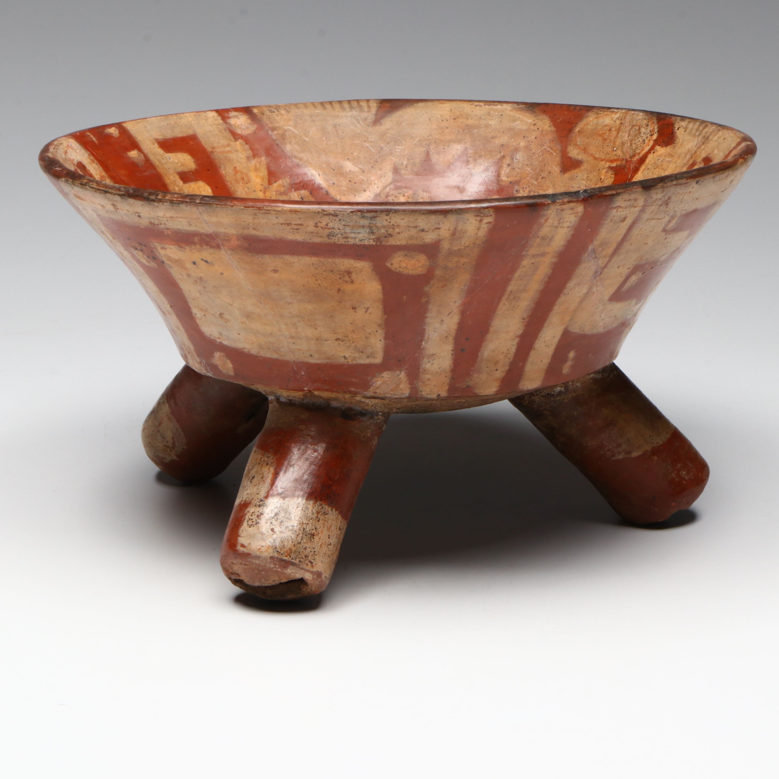 Pre-Columbian Mixtec Pottery Polychrome Tripod Bowl, Circa 1200-1500 CE.