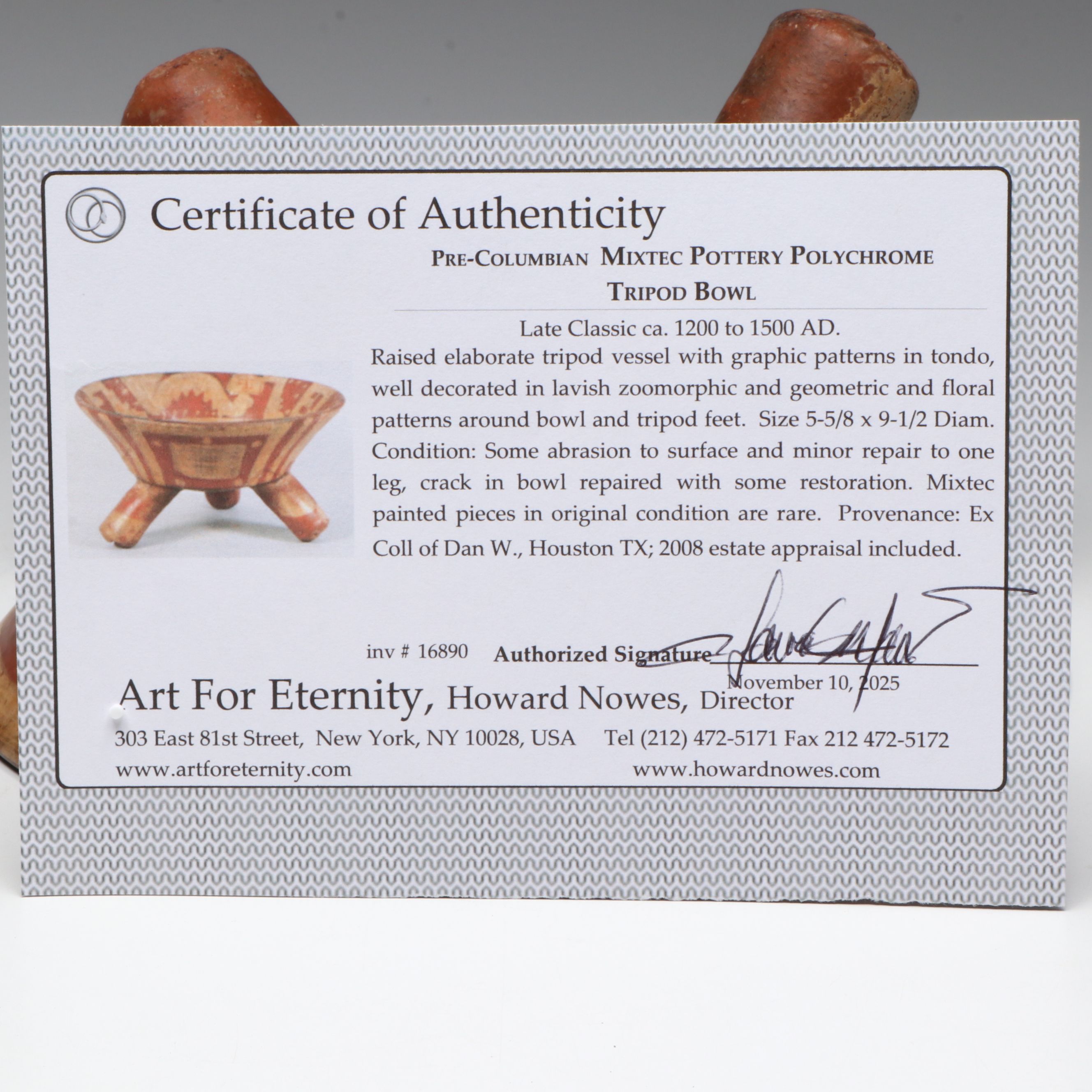 Pre-Columbian Mixtec Pottery Polychrome Tripod Bowl, Circa 1200-1500 CE.