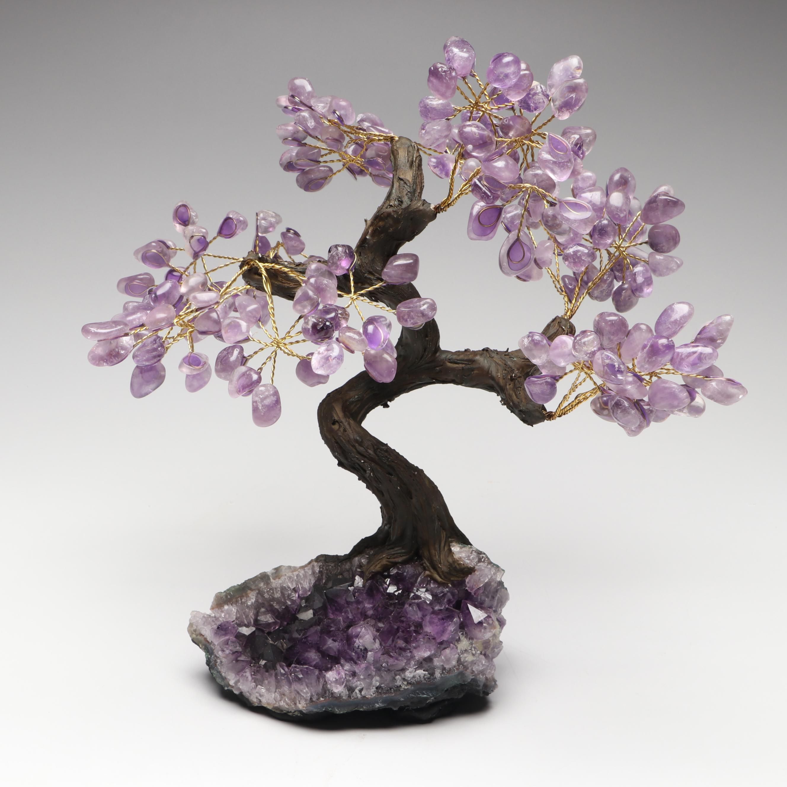 Amethyst and Glass Stone Bonsai Tree on Amethyst Geode Base
