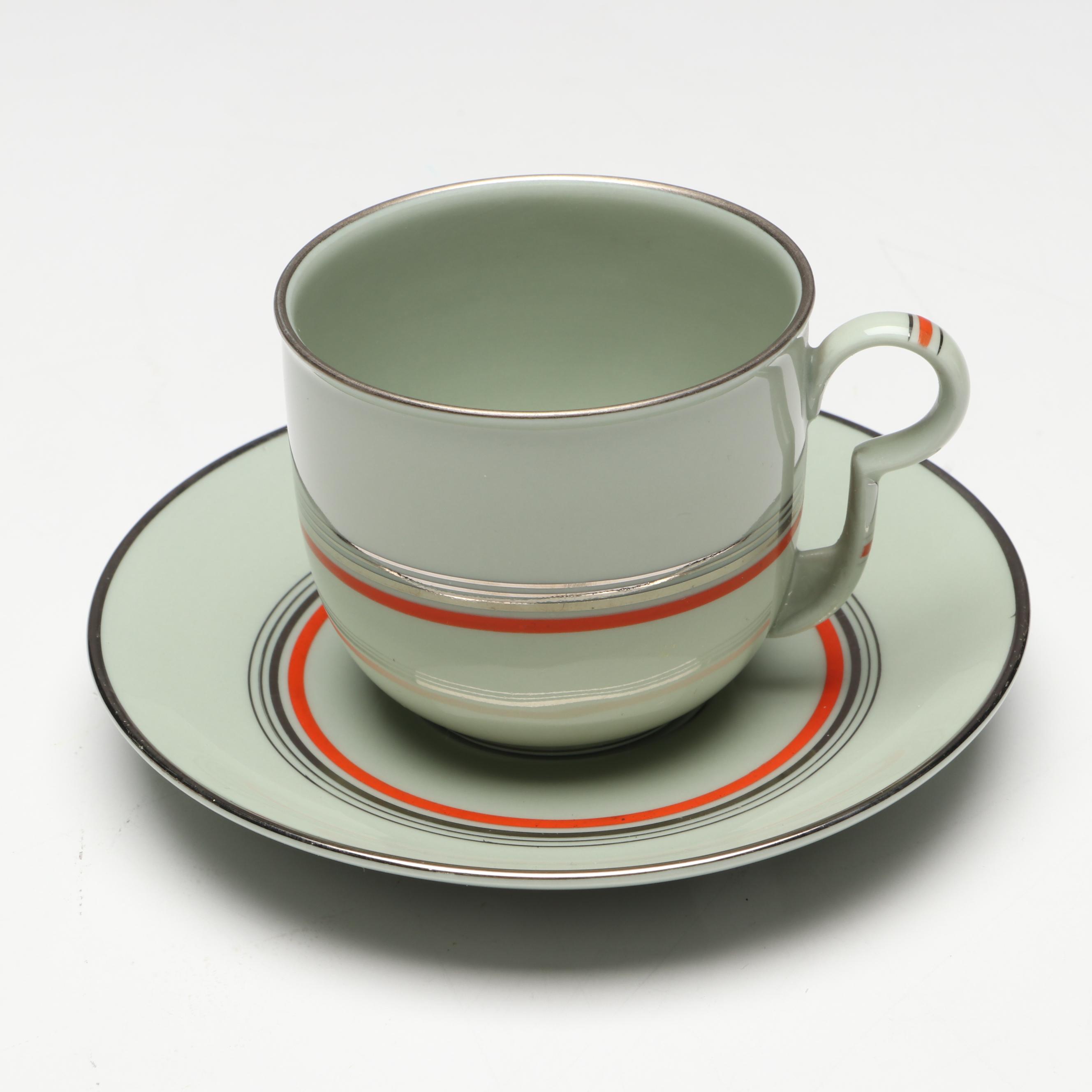 Pirkenhammer Silver Trim Flat Teacups and Saucers, Mid-20th Century