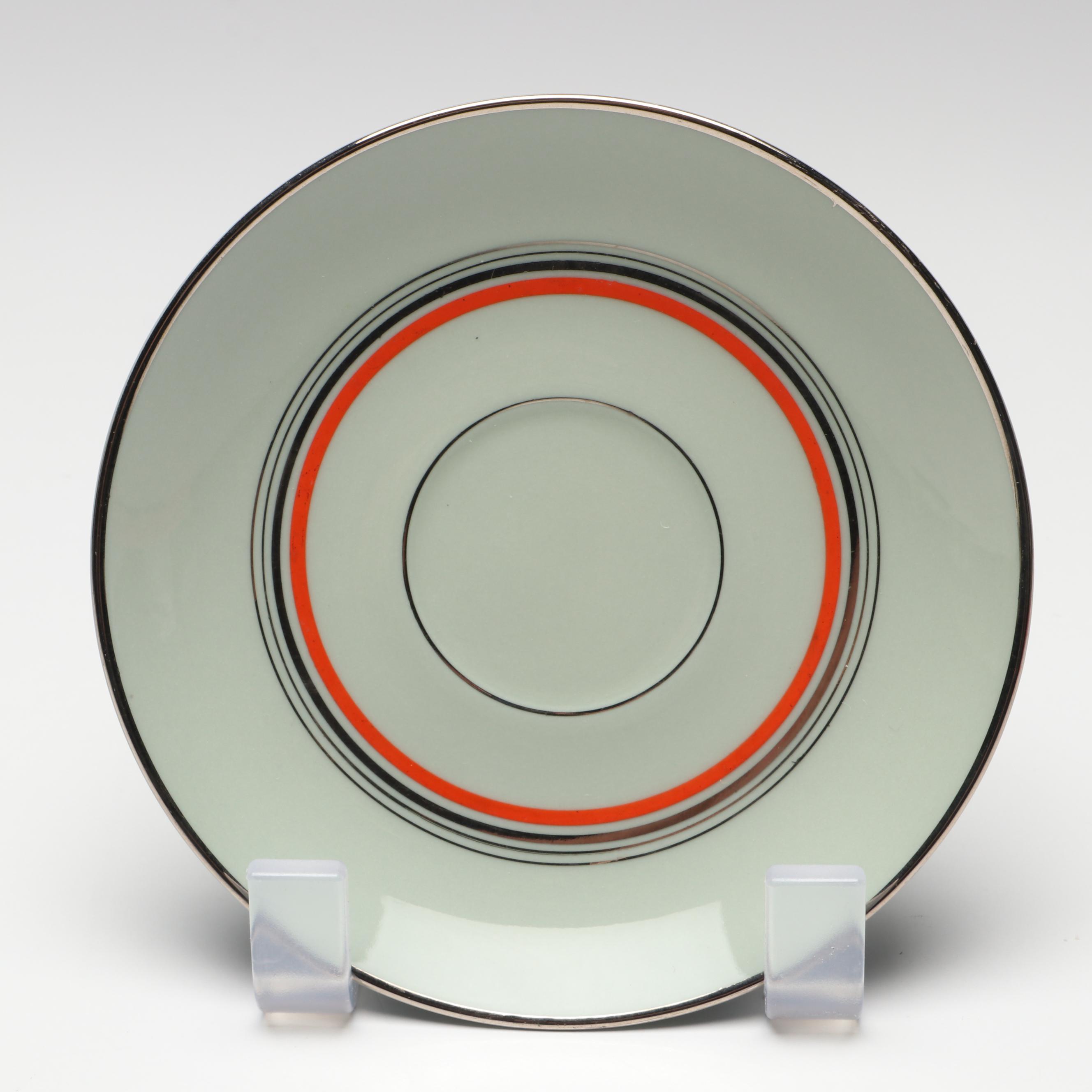 Pirkenhammer Silver Trim Flat Teacups and Saucers, Mid-20th Century