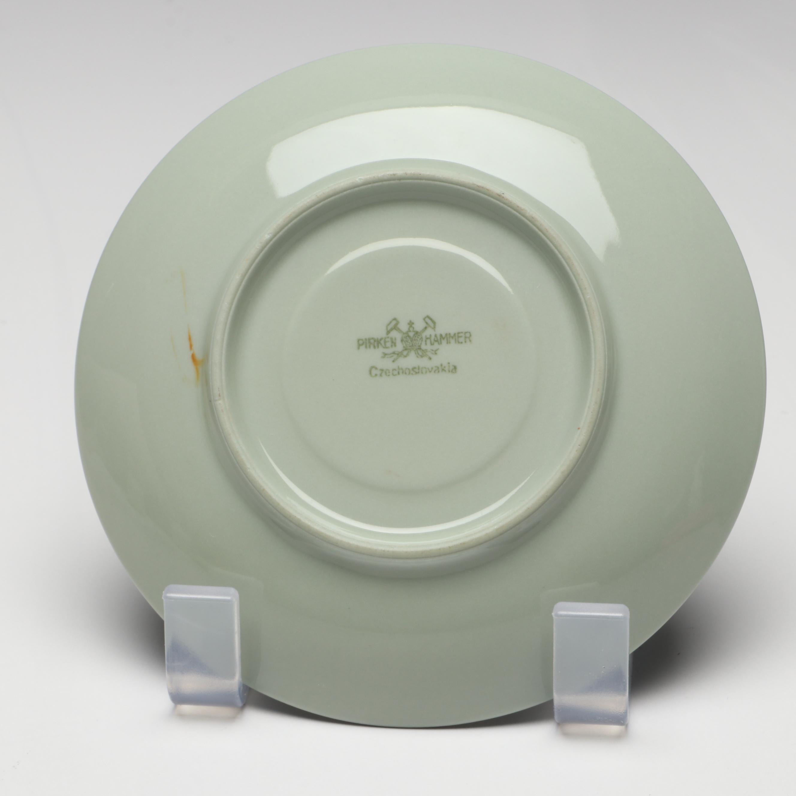 Pirkenhammer Silver Trim Flat Teacups and Saucers, Mid-20th Century