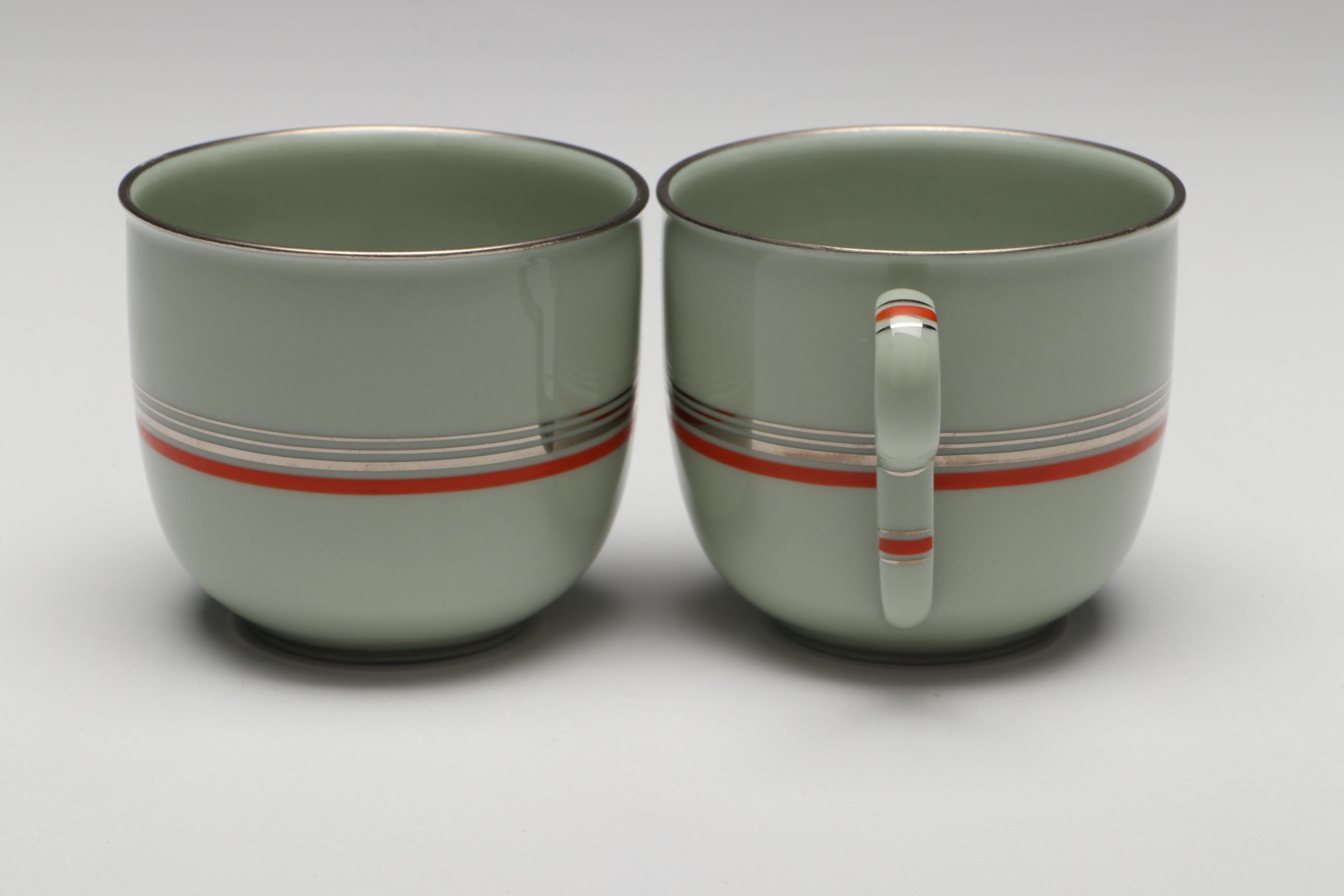 Pirkenhammer Silver Trim Flat Teacups and Saucers, Mid-20th Century