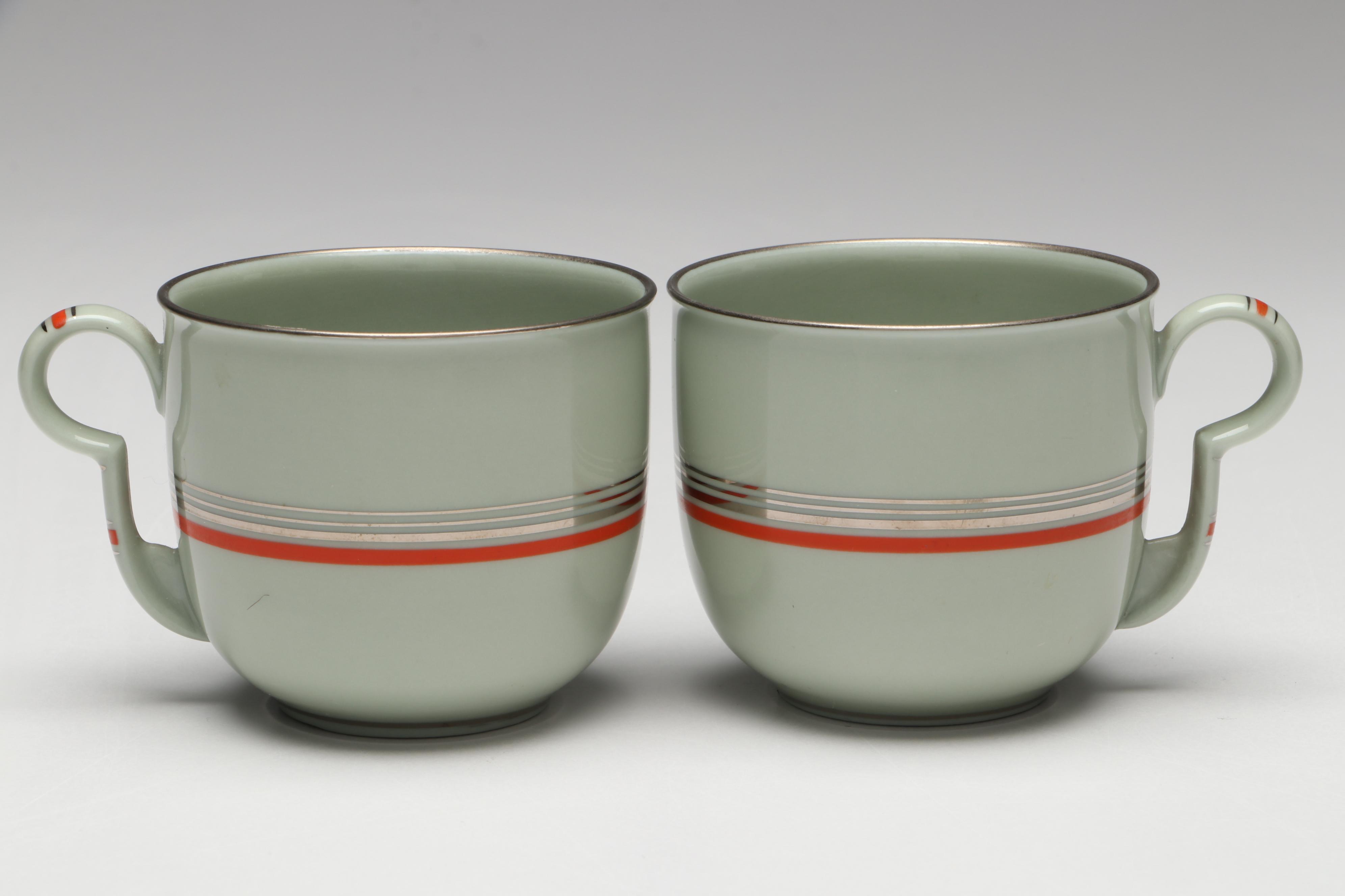 Pirkenhammer Silver Trim Flat Teacups and Saucers, Mid-20th Century