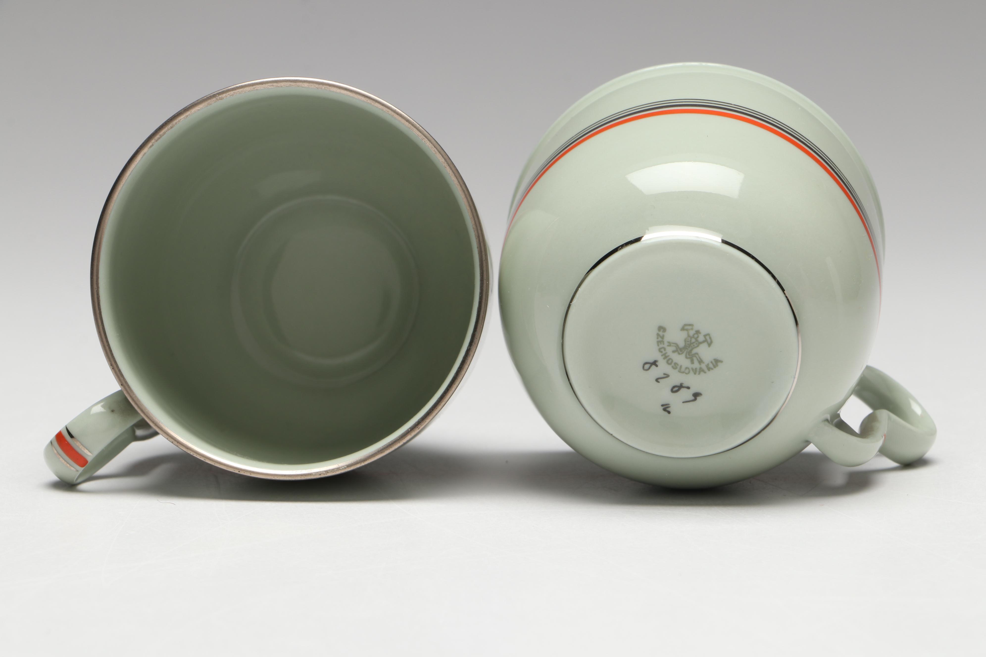 Pirkenhammer Silver Trim Flat Teacups and Saucers, Mid-20th Century