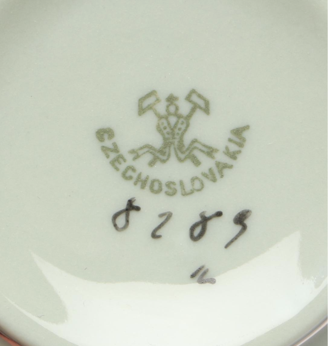 Pirkenhammer Silver Trim Flat Teacups and Saucers, Mid-20th Century