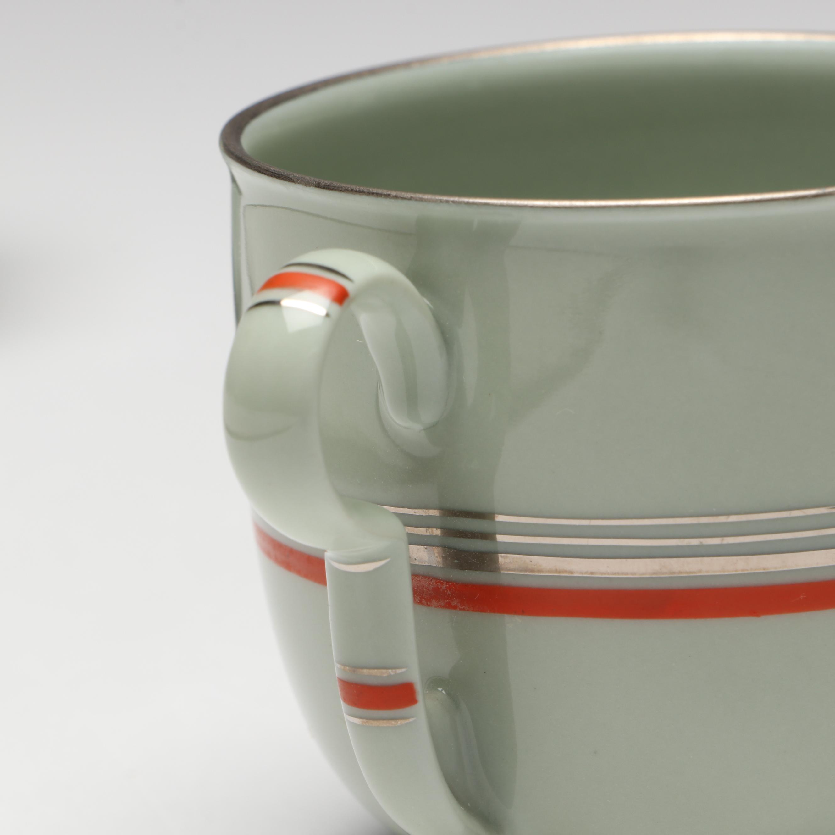 Pirkenhammer Silver Trim Flat Teacups and Saucers, Mid-20th Century