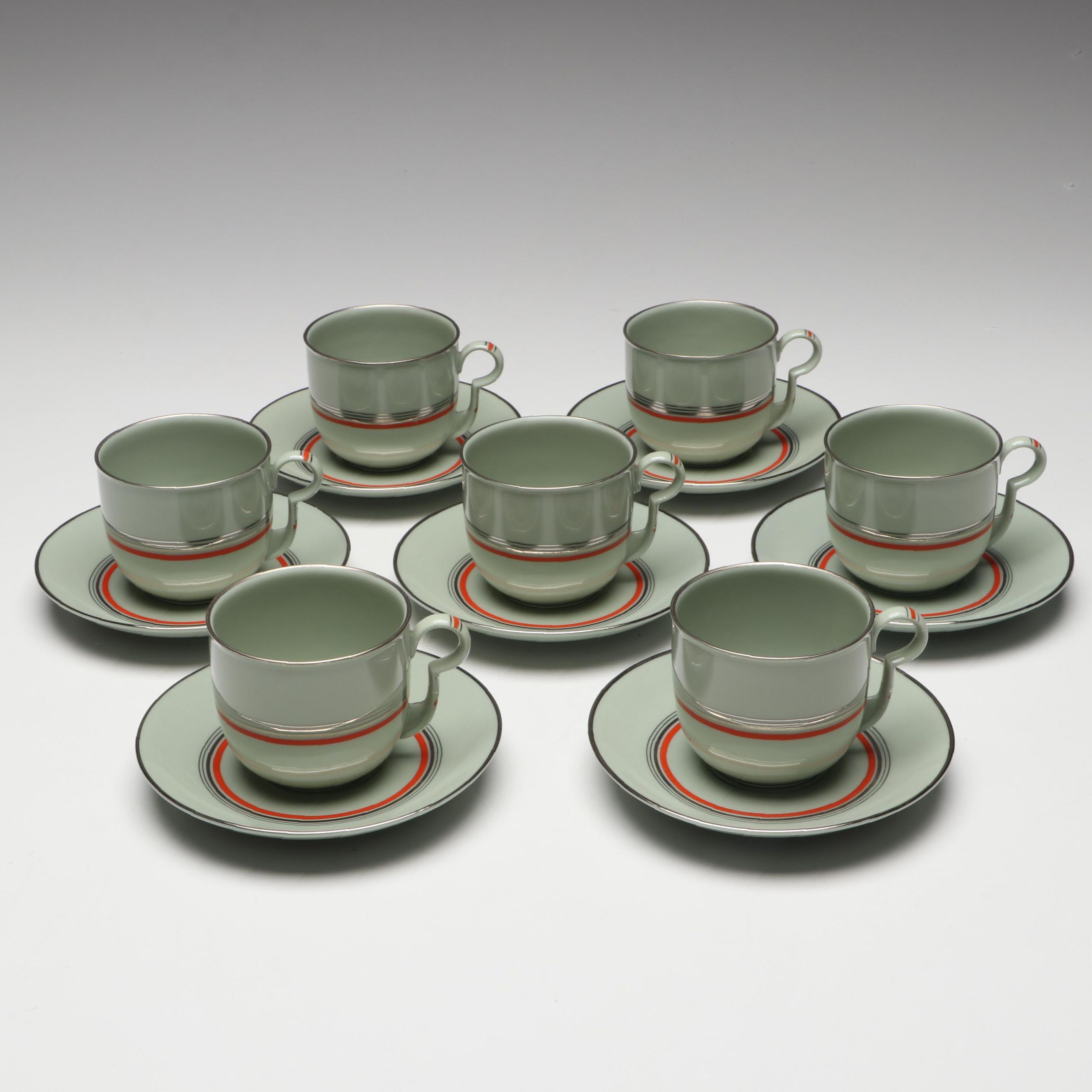 Pirkenhammer Silver Trim Flat Teacups and Saucers, Mid-20th Century