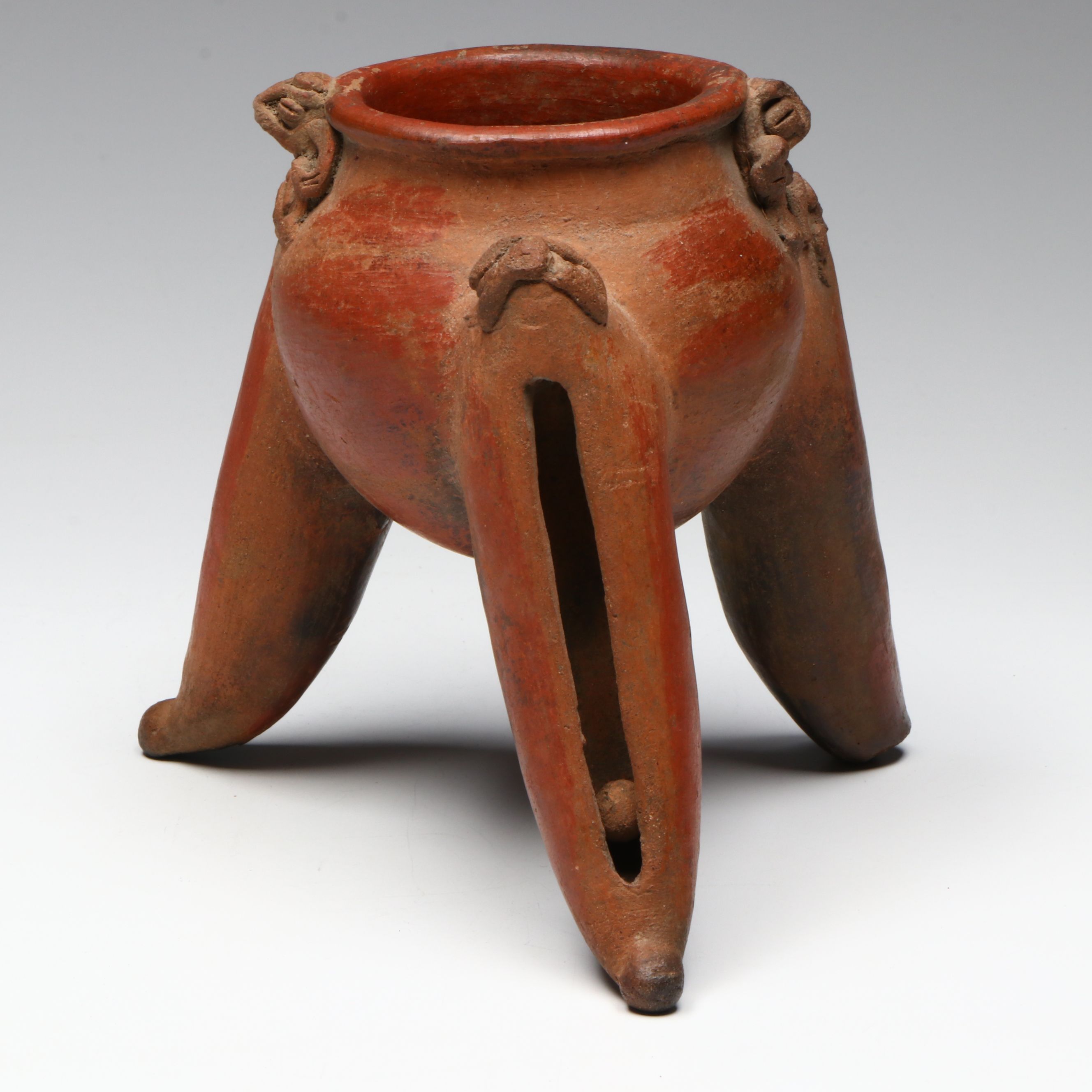 Pre-Columbian Chiriqui Pottery Tripod Vessel with Rim Creatures, Circa 700-1200