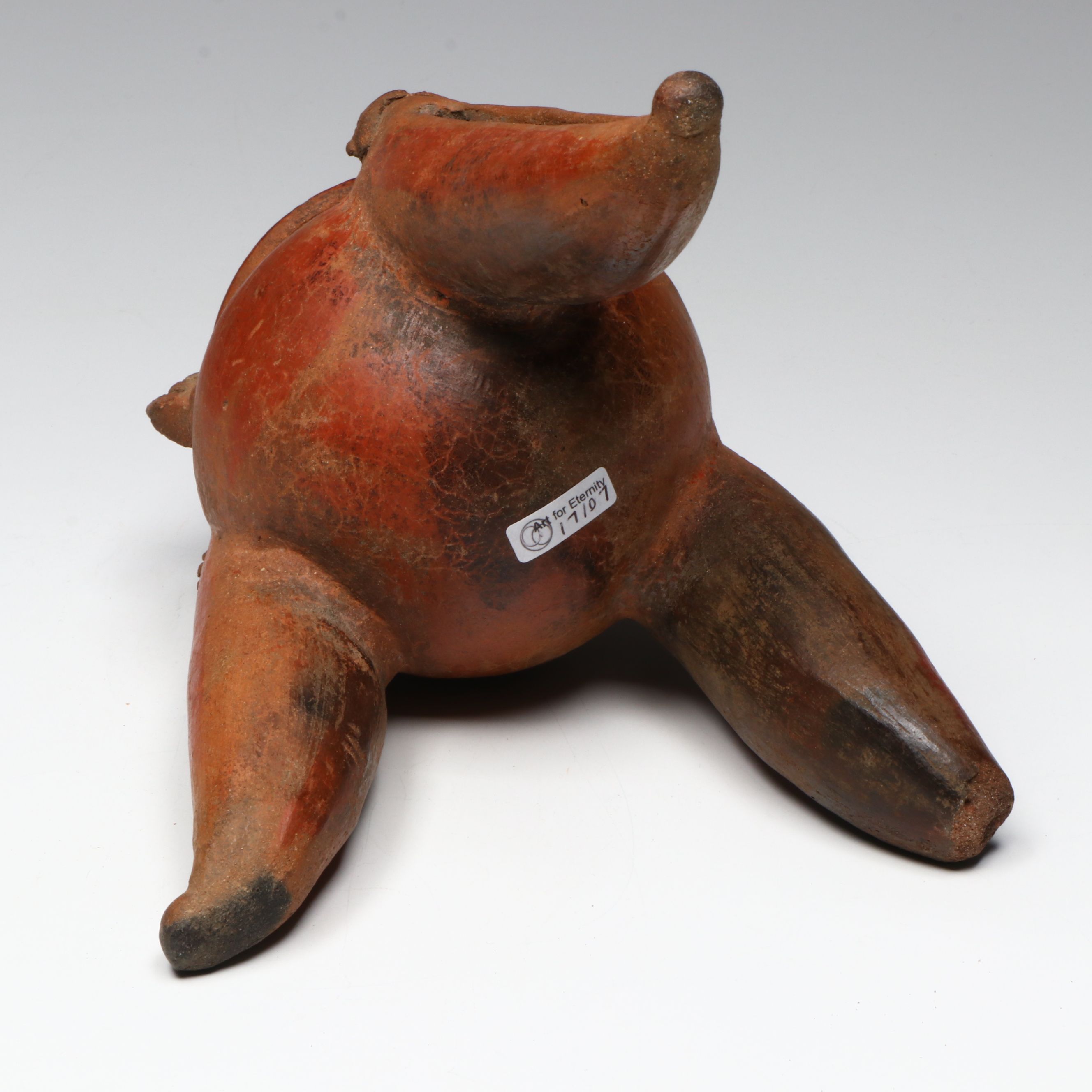 Pre-Columbian Chiriqui Pottery Tripod Vessel with Rim Creatures, Circa 700-1200