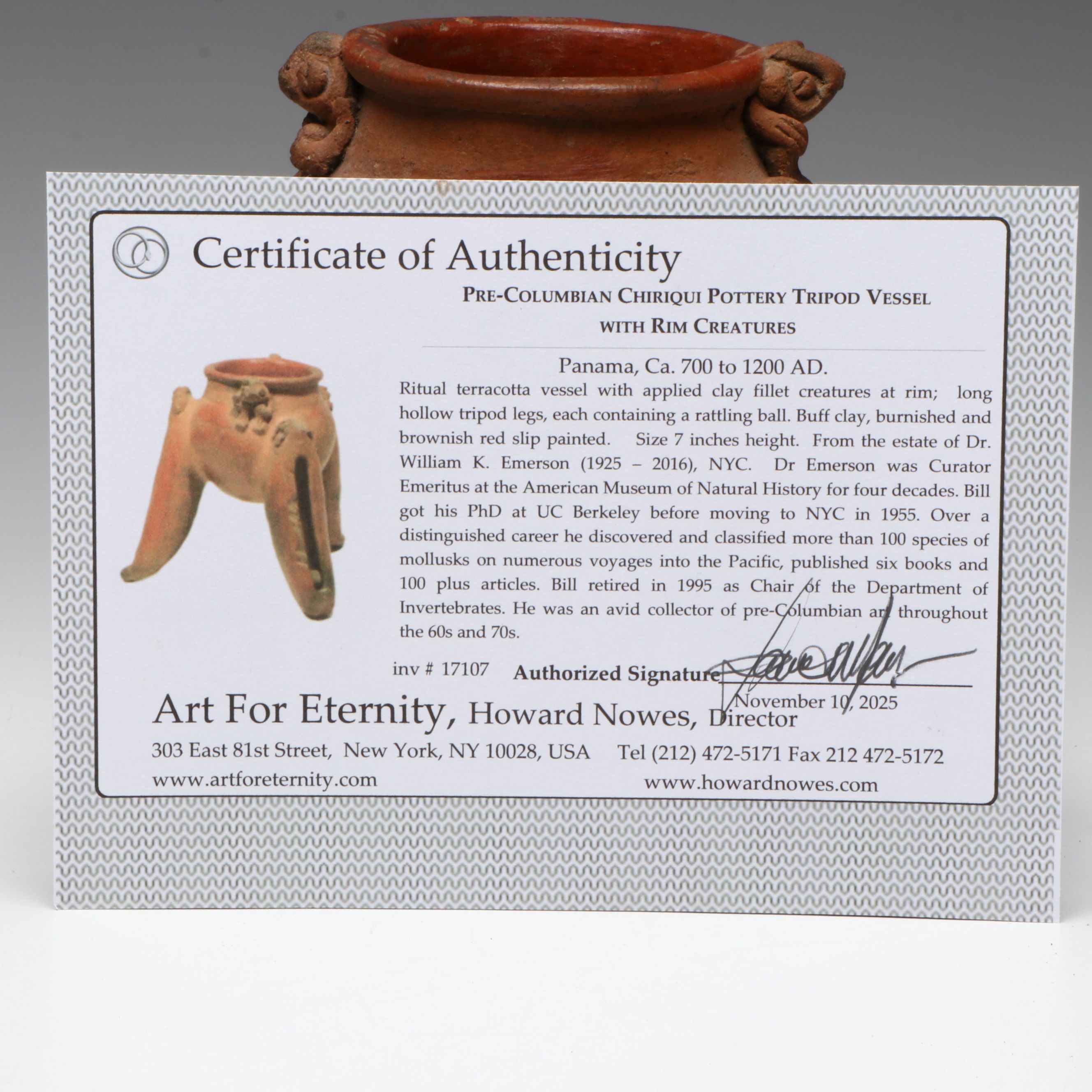 Pre-Columbian Chiriqui Pottery Tripod Vessel with Rim Creatures, Circa 700-1200