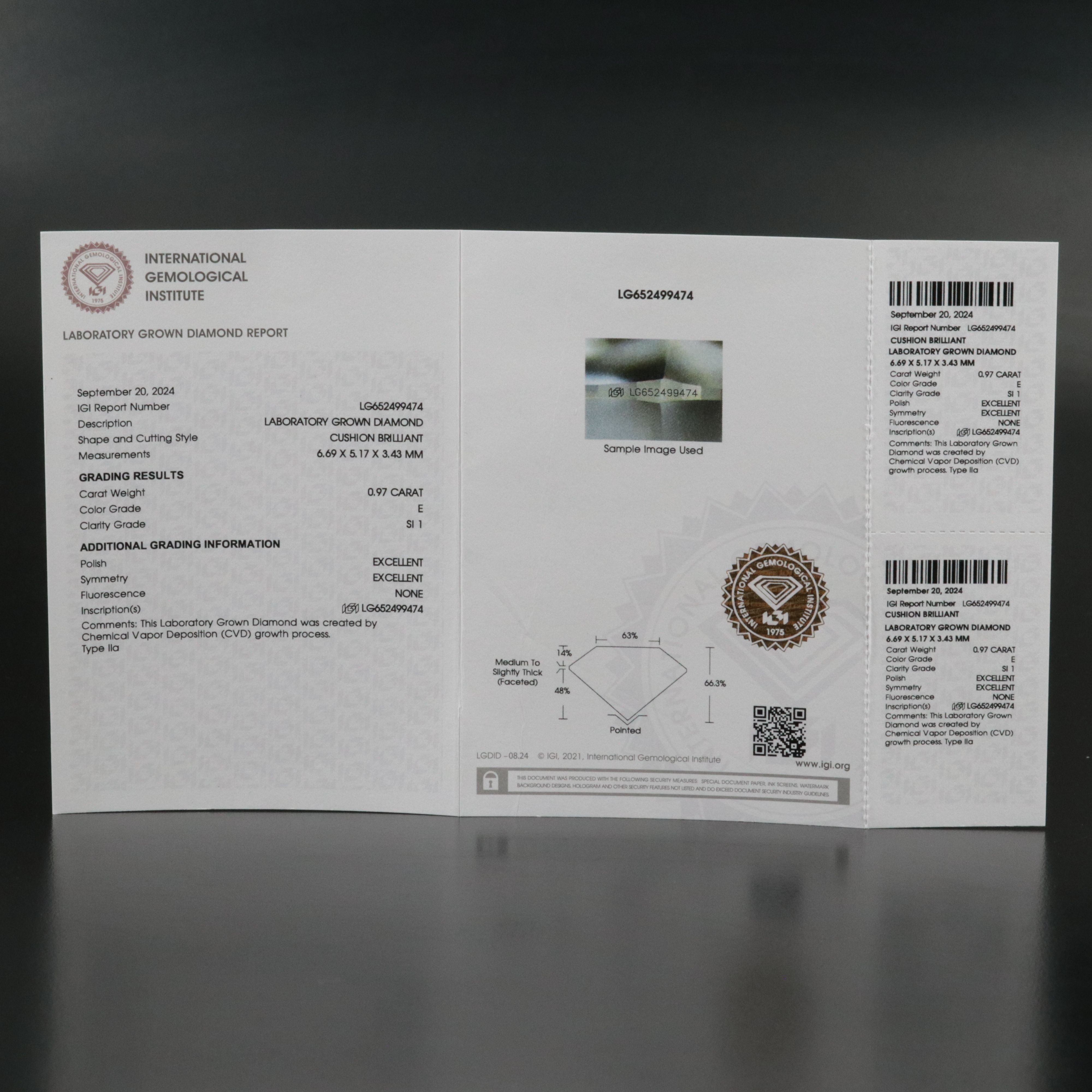 Loose 0.97 CT Lab Grown Diamond with IGI Report