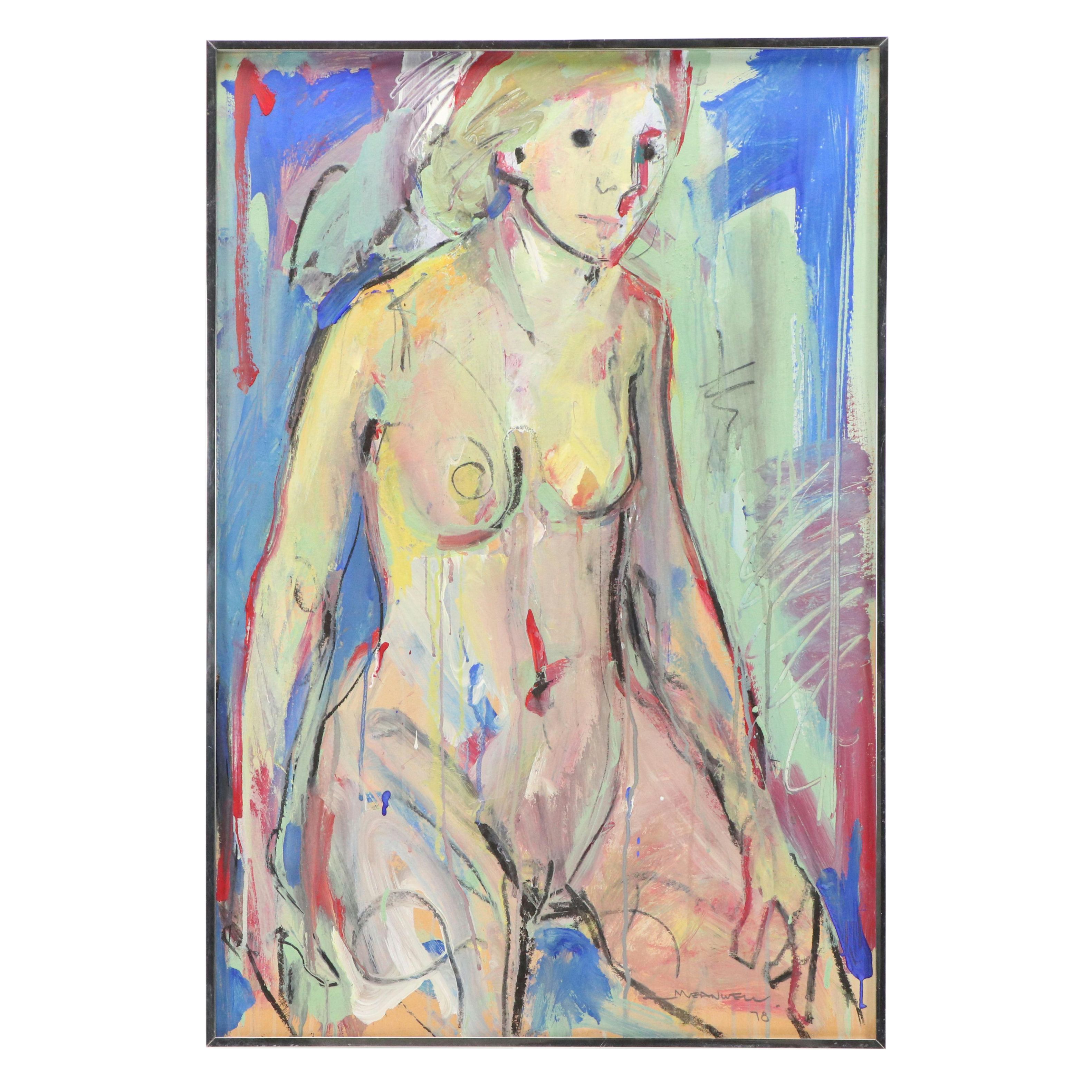 Jack Meanwell Modern Expressionist Oil Painting of Nude Woman, 1981