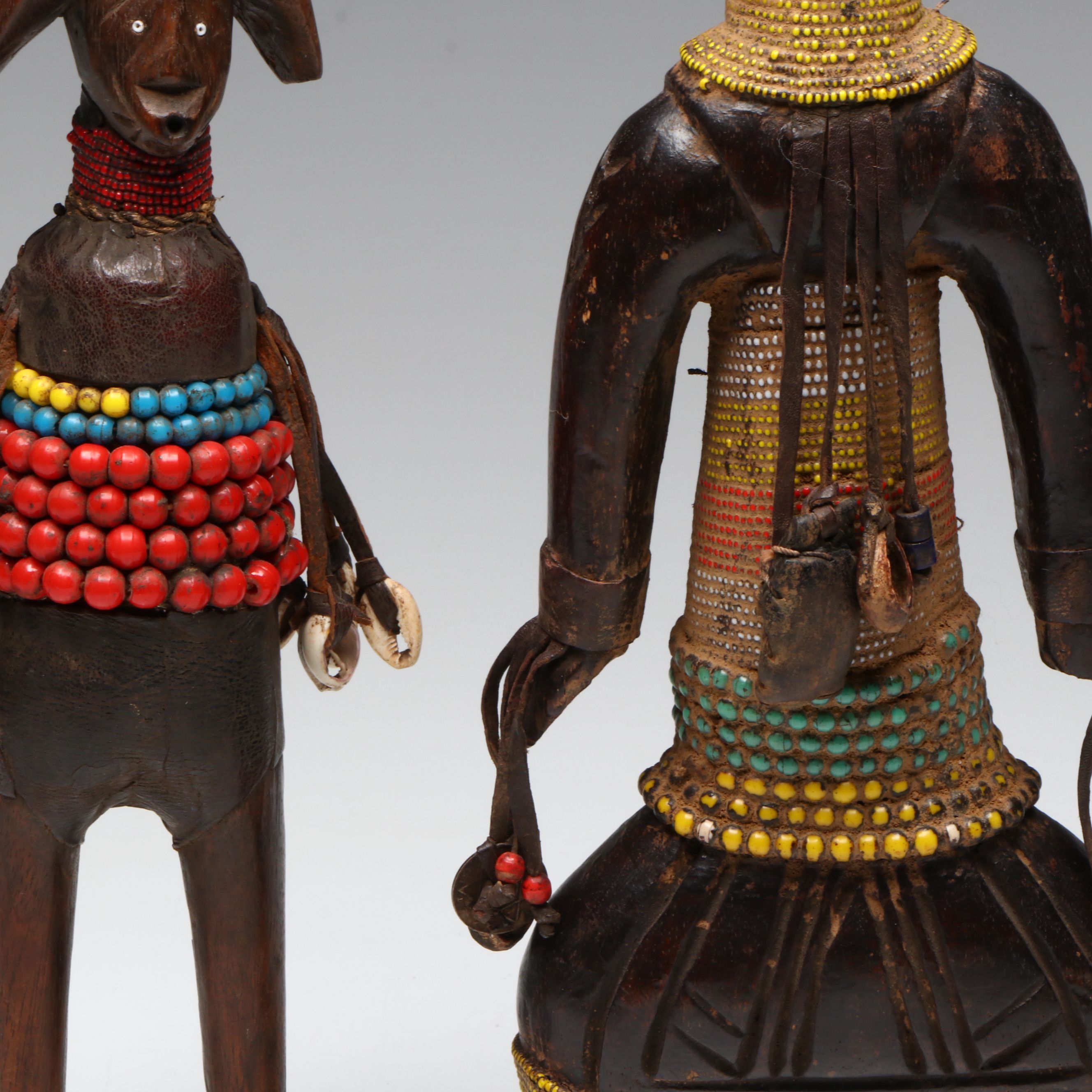 Nigerian Hand-Carved Wood, Leather and Beaded Namji Dolls