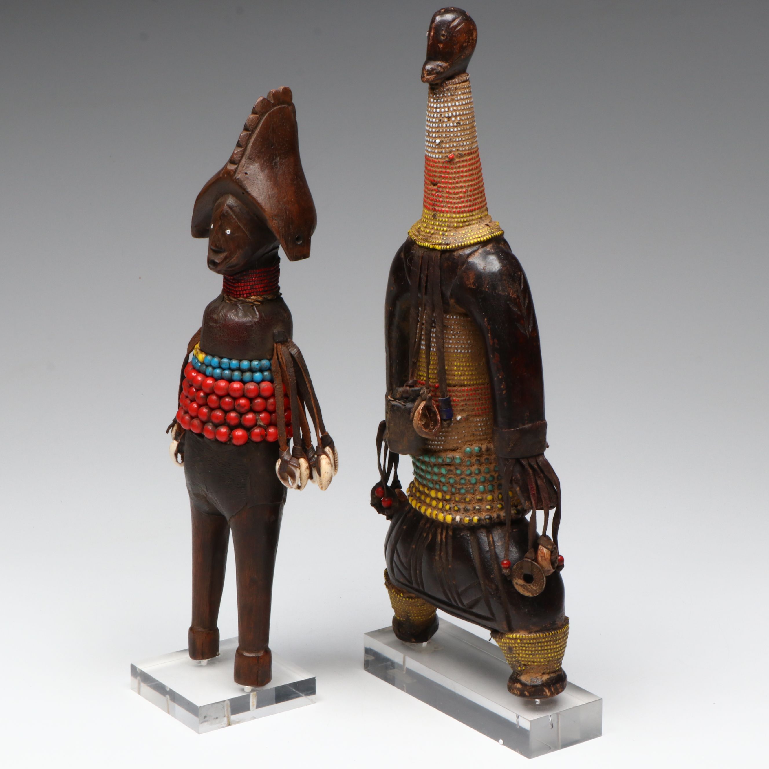 Nigerian Hand-Carved Wood, Leather and Beaded Namji Dolls