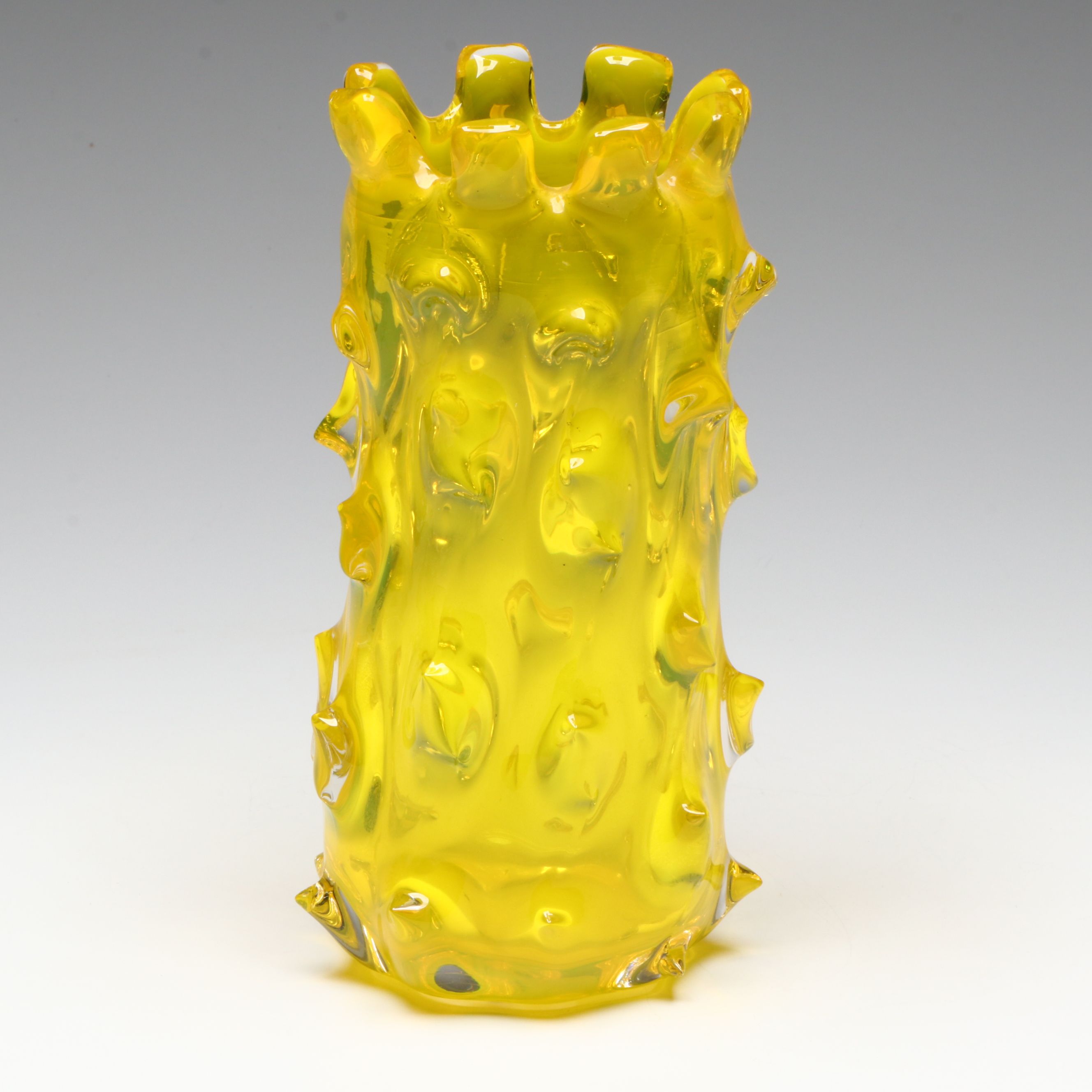 Mid Century Modern Murano Style Yellow Rostrato Art Glass Vase