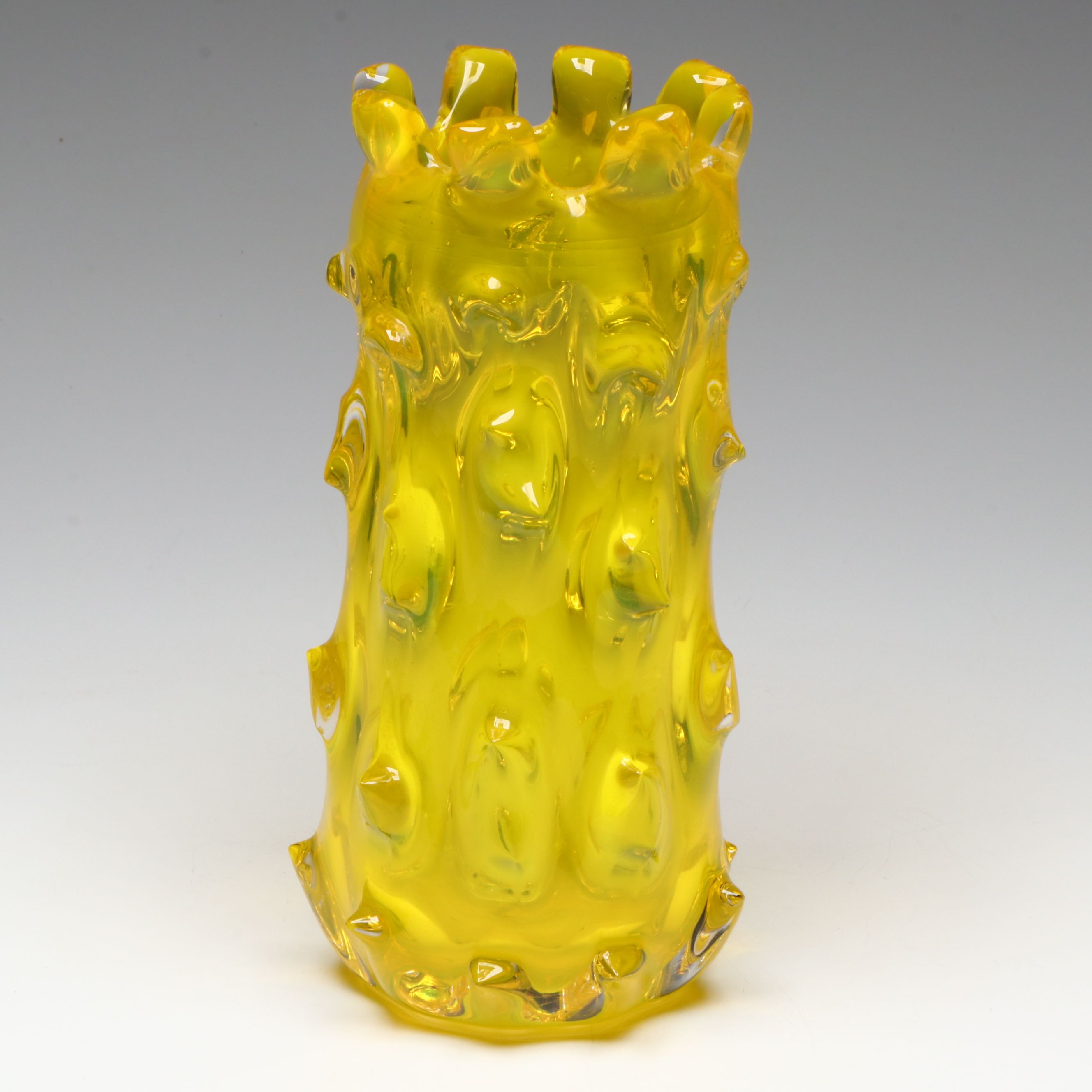 Mid Century Modern Murano Style Yellow Rostrato Art Glass Vase