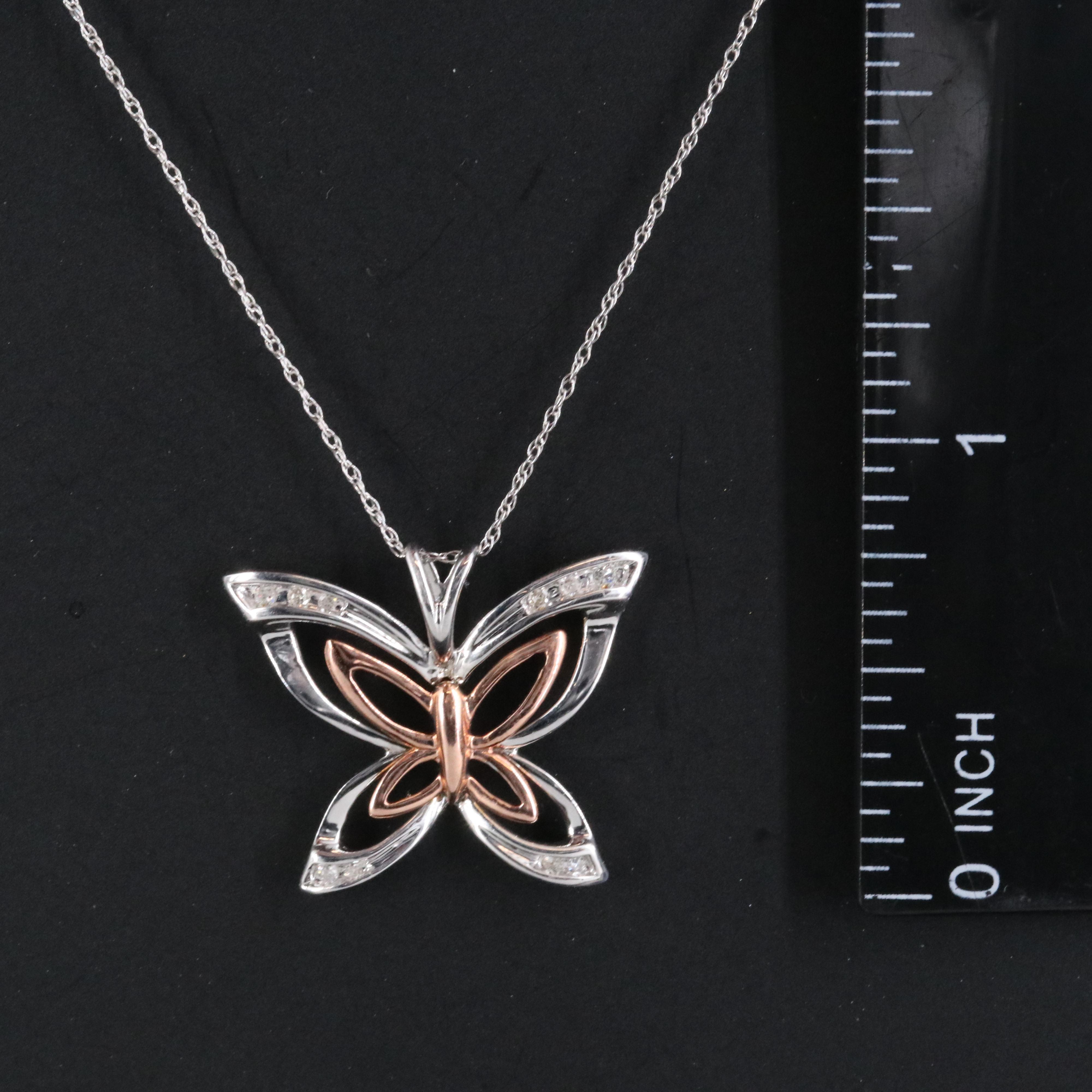10K 0.06 CTW Diamond Butterfly Necklace with Rose Gold Accents