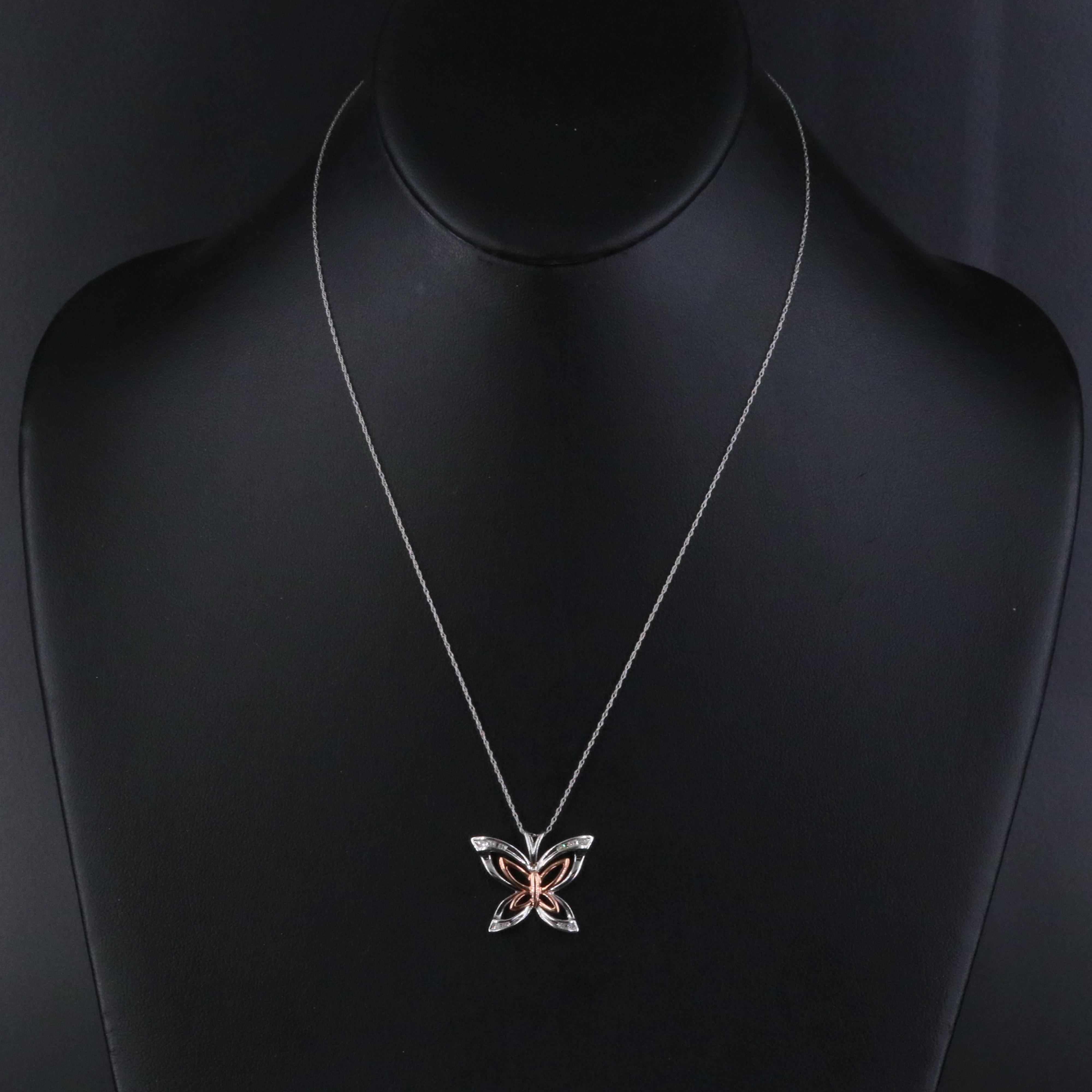 10K 0.06 CTW Diamond Butterfly Necklace with Rose Gold Accents