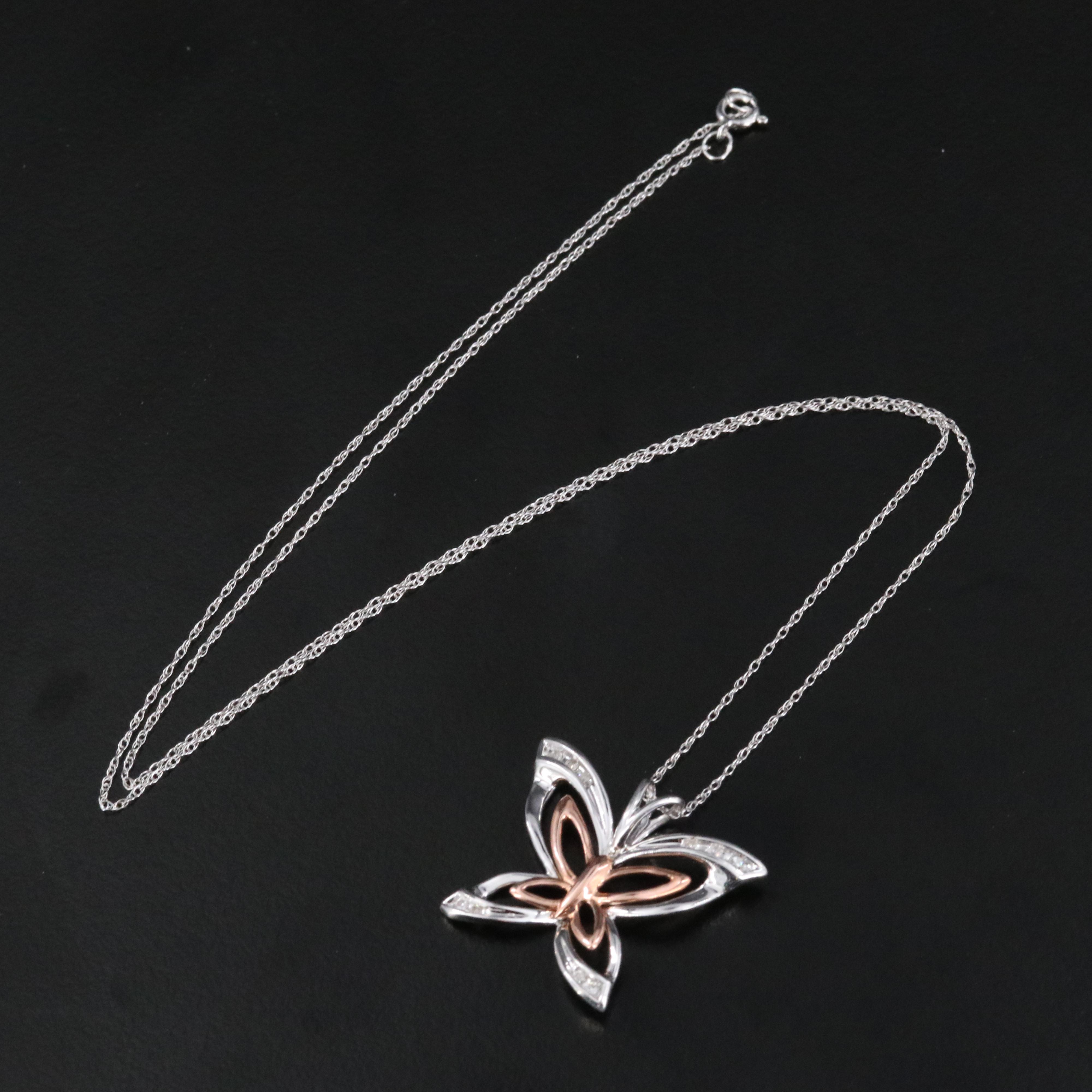 10K 0.06 CTW Diamond Butterfly Necklace with Rose Gold Accents