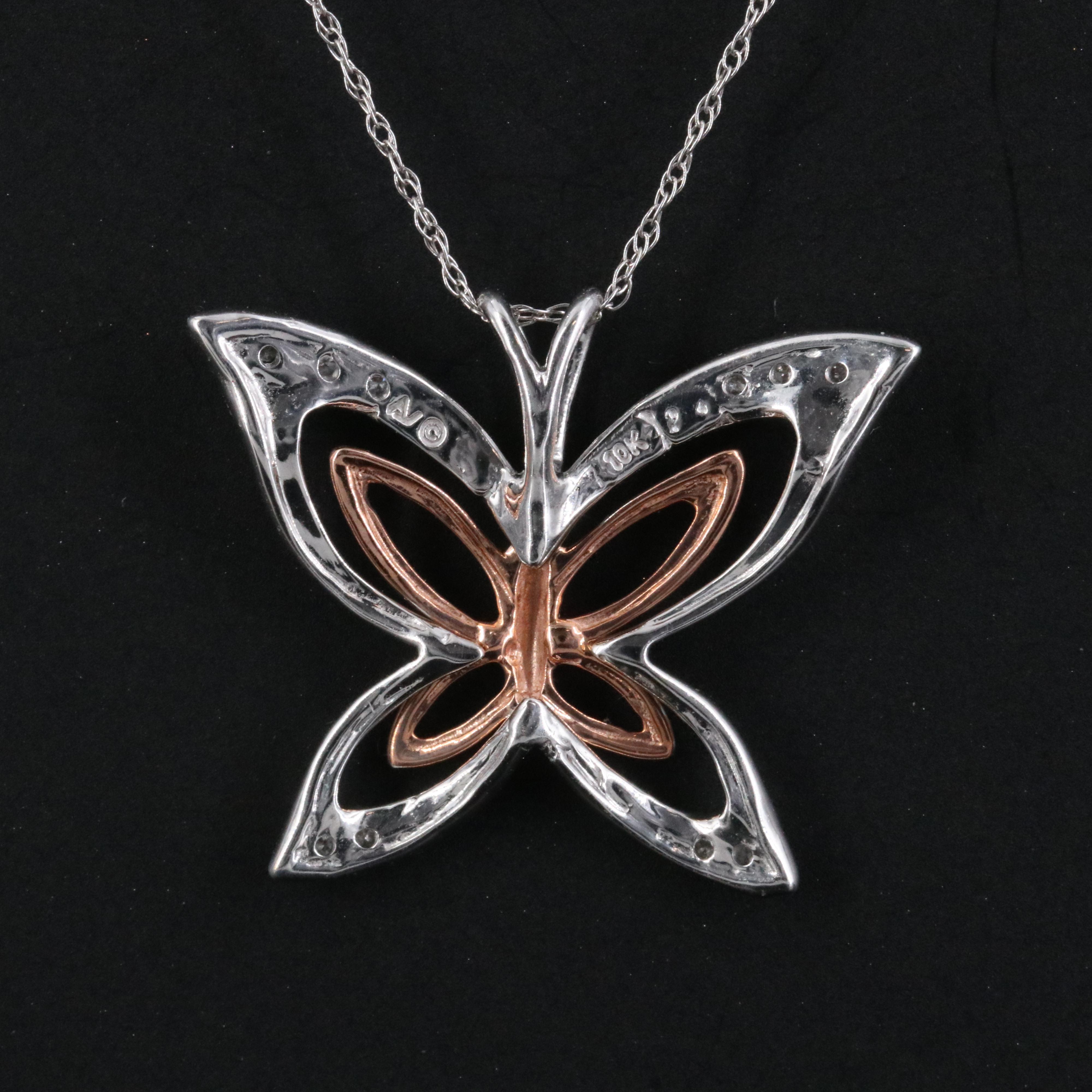 10K 0.06 CTW Diamond Butterfly Necklace with Rose Gold Accents