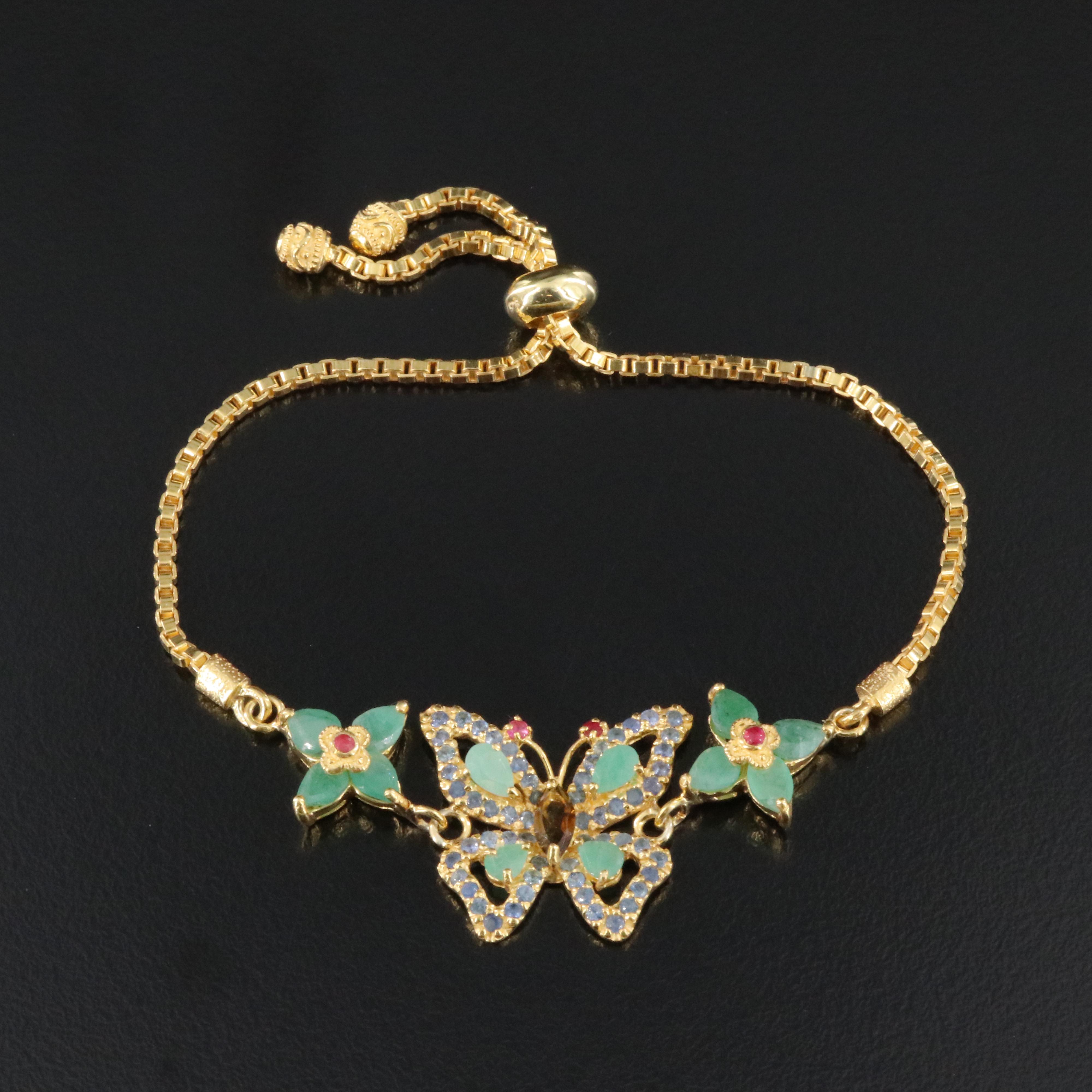 Sterling Emerald, Ruby and Tourmaline Butterfly Bracelet