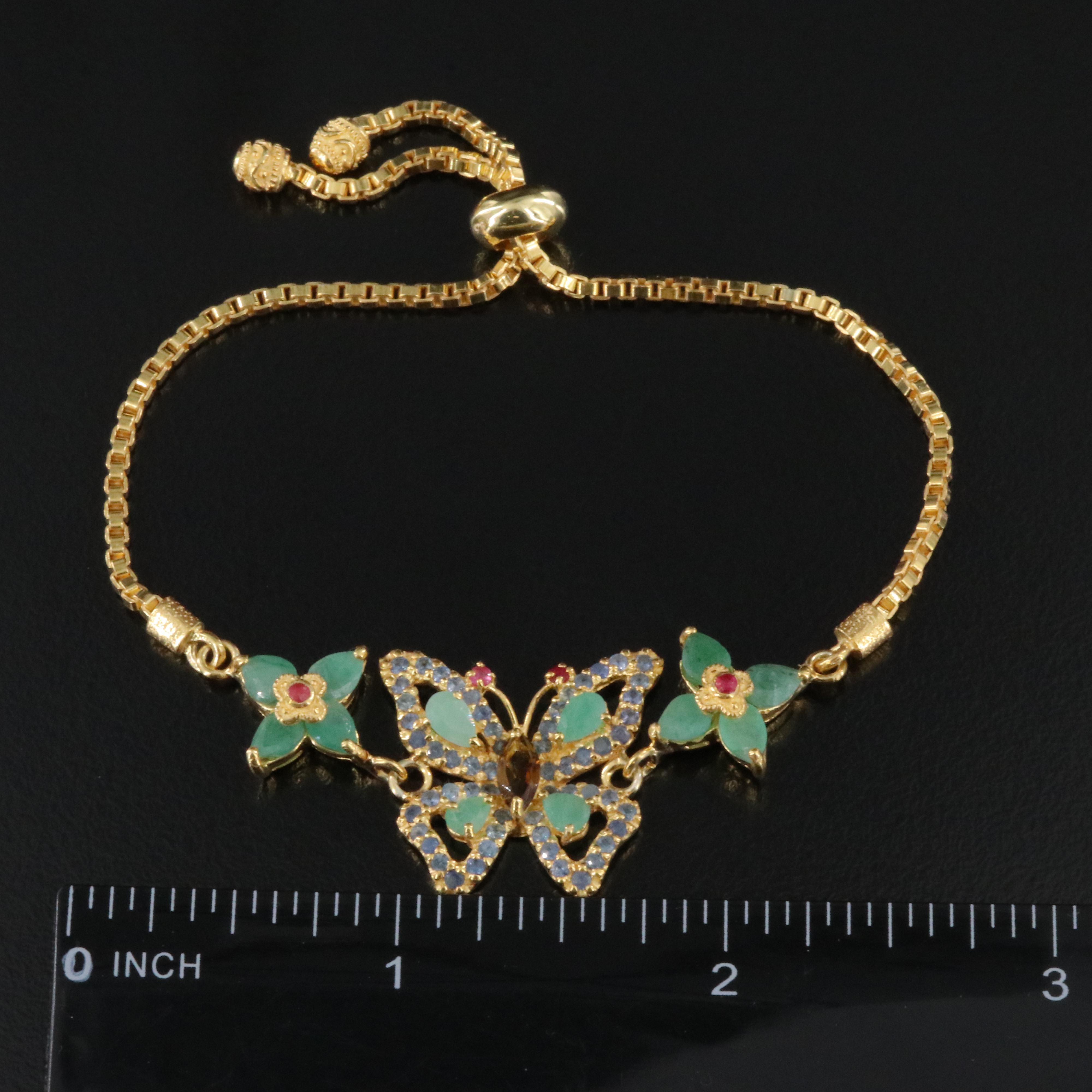 Sterling Emerald, Ruby and Tourmaline Butterfly Bracelet