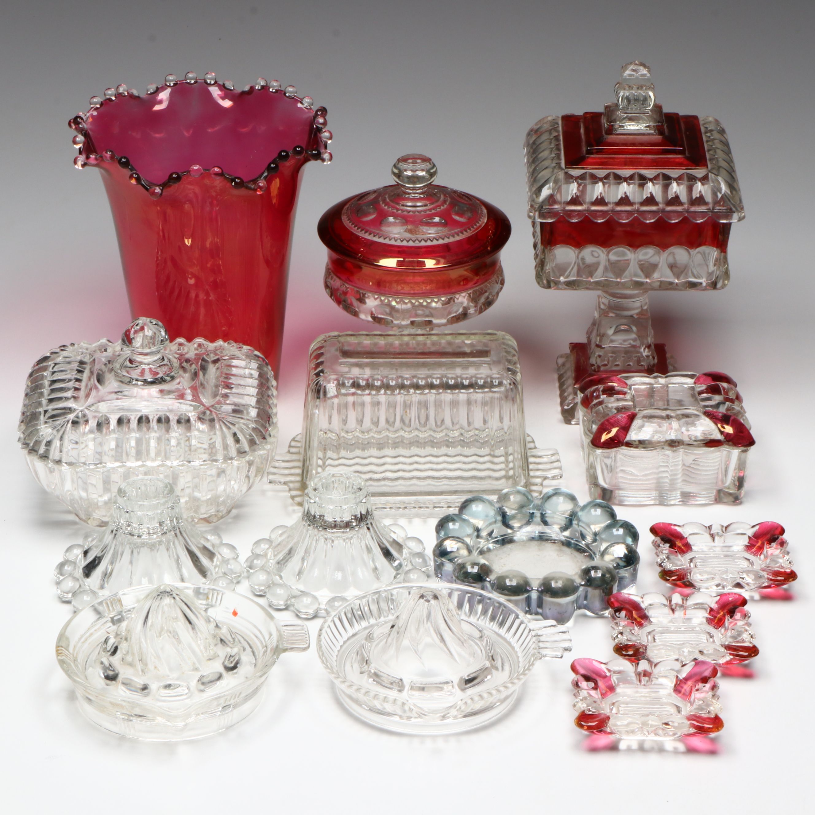Hobnail Cranberry Glass Vase, Hobnail Glass Candle Holders, and More Glass Décor