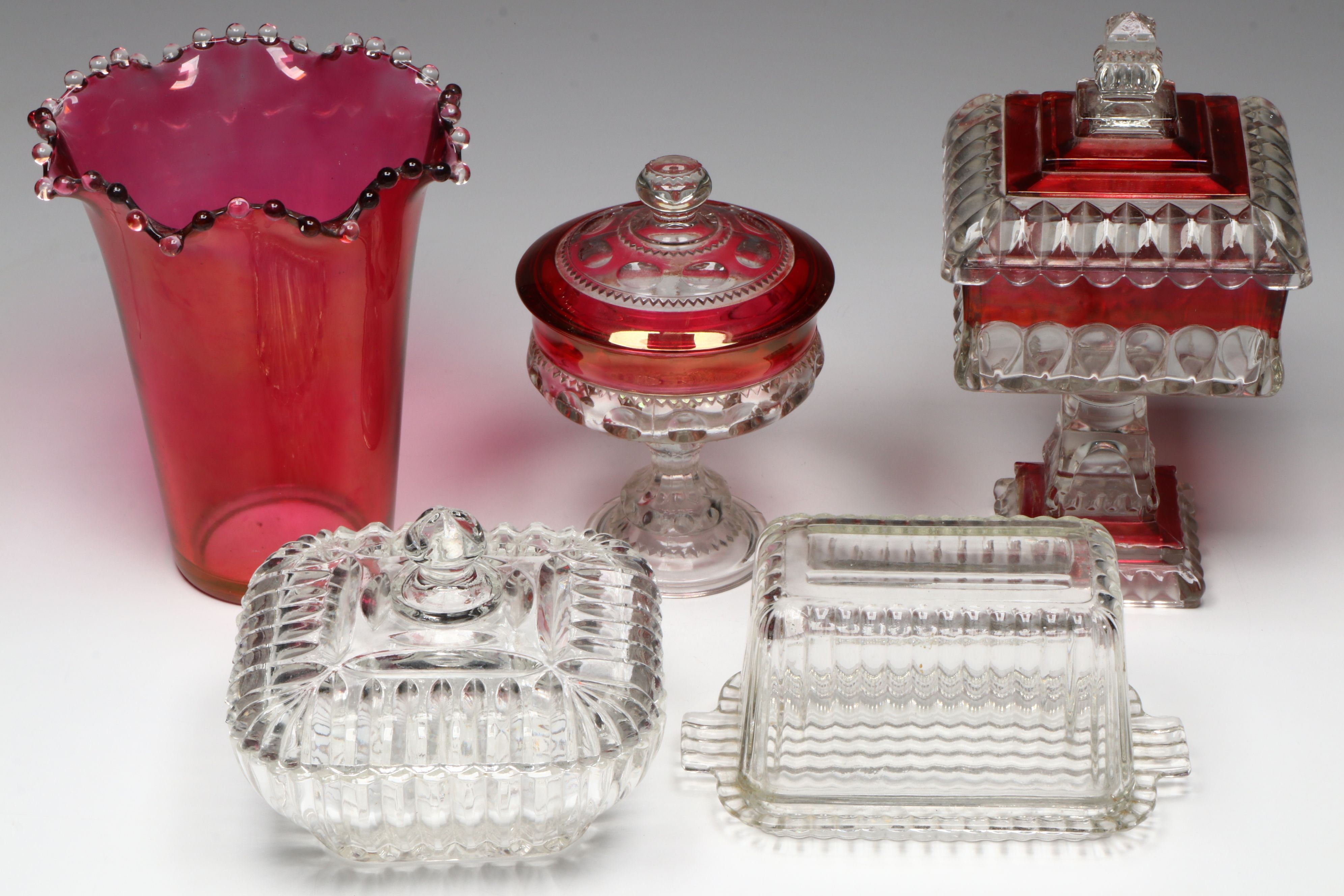 Hobnail Cranberry Glass Vase, Hobnail Glass Candle Holders, and More Glass Décor