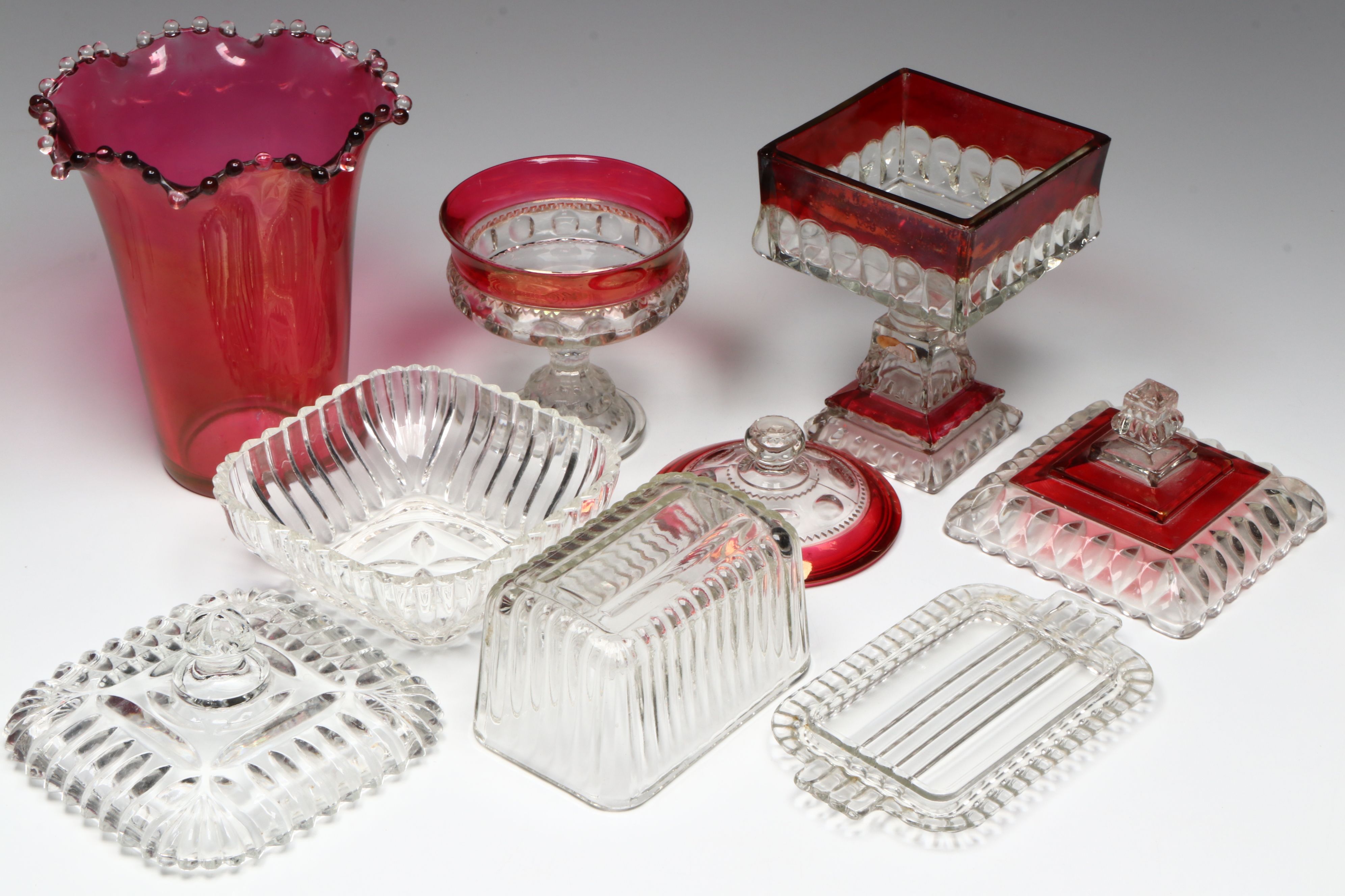 Hobnail Cranberry Glass Vase, Hobnail Glass Candle Holders, and More Glass Décor