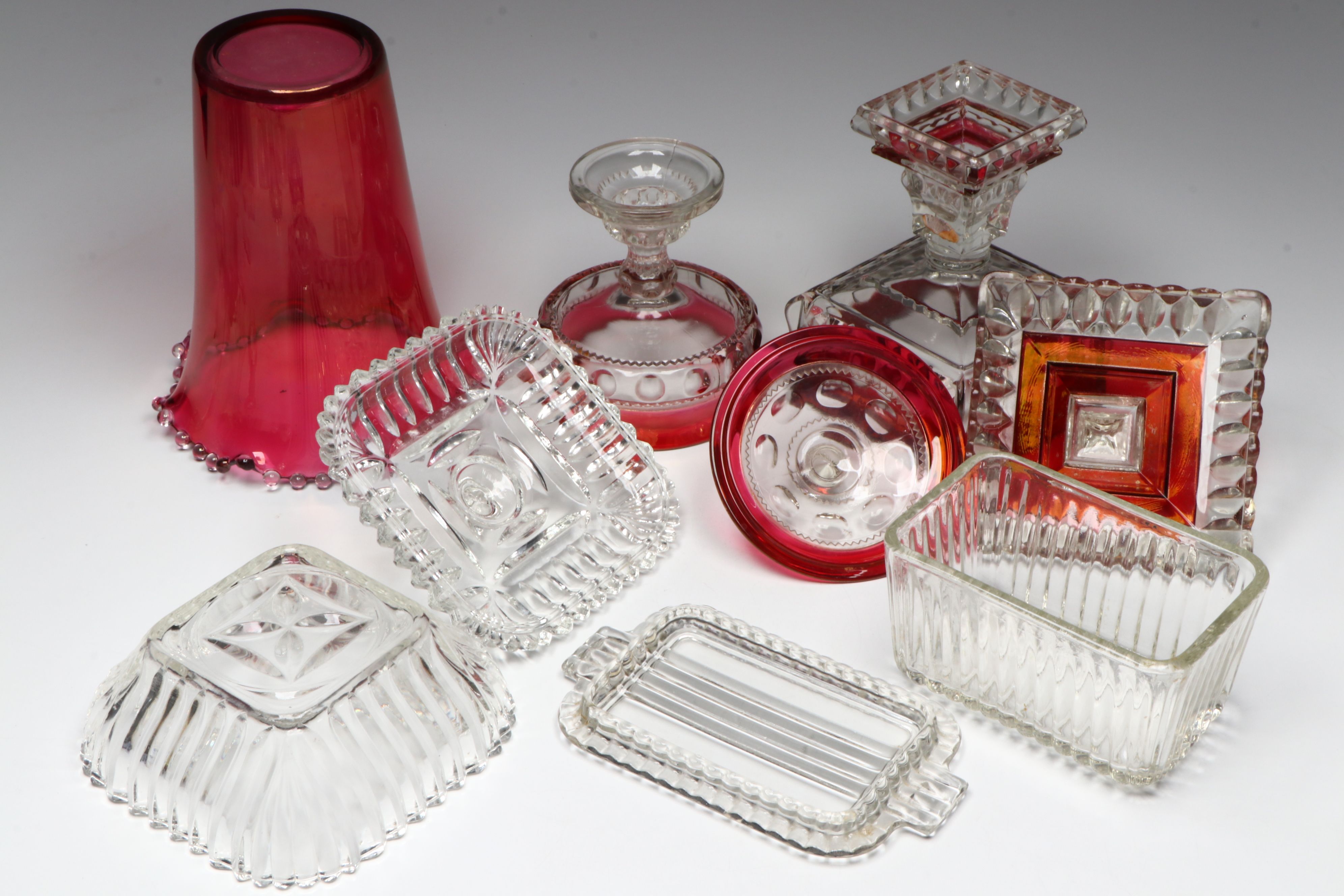 Hobnail Cranberry Glass Vase, Hobnail Glass Candle Holders, and More Glass Décor