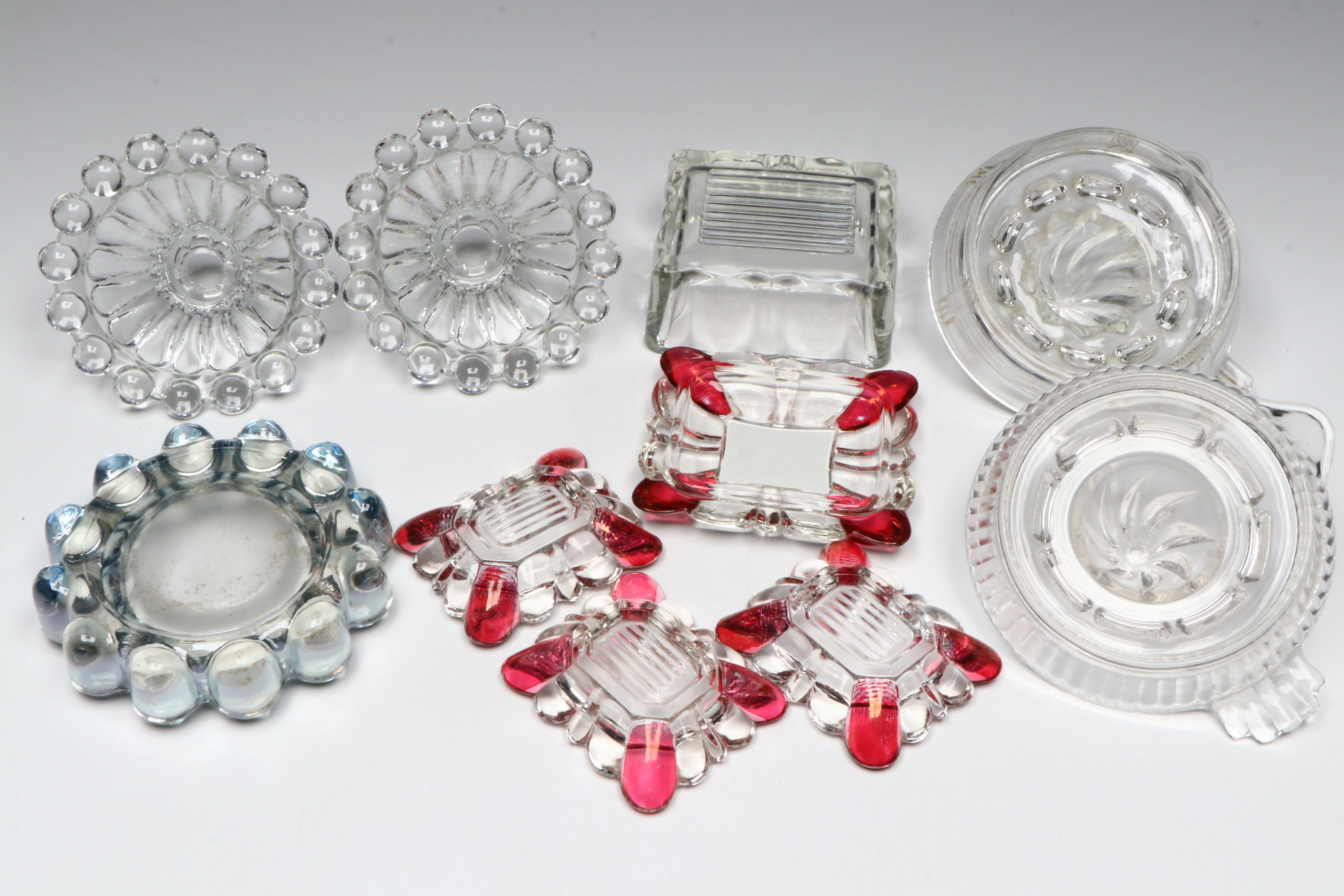 Hobnail Cranberry Glass Vase, Hobnail Glass Candle Holders, and More Glass Décor