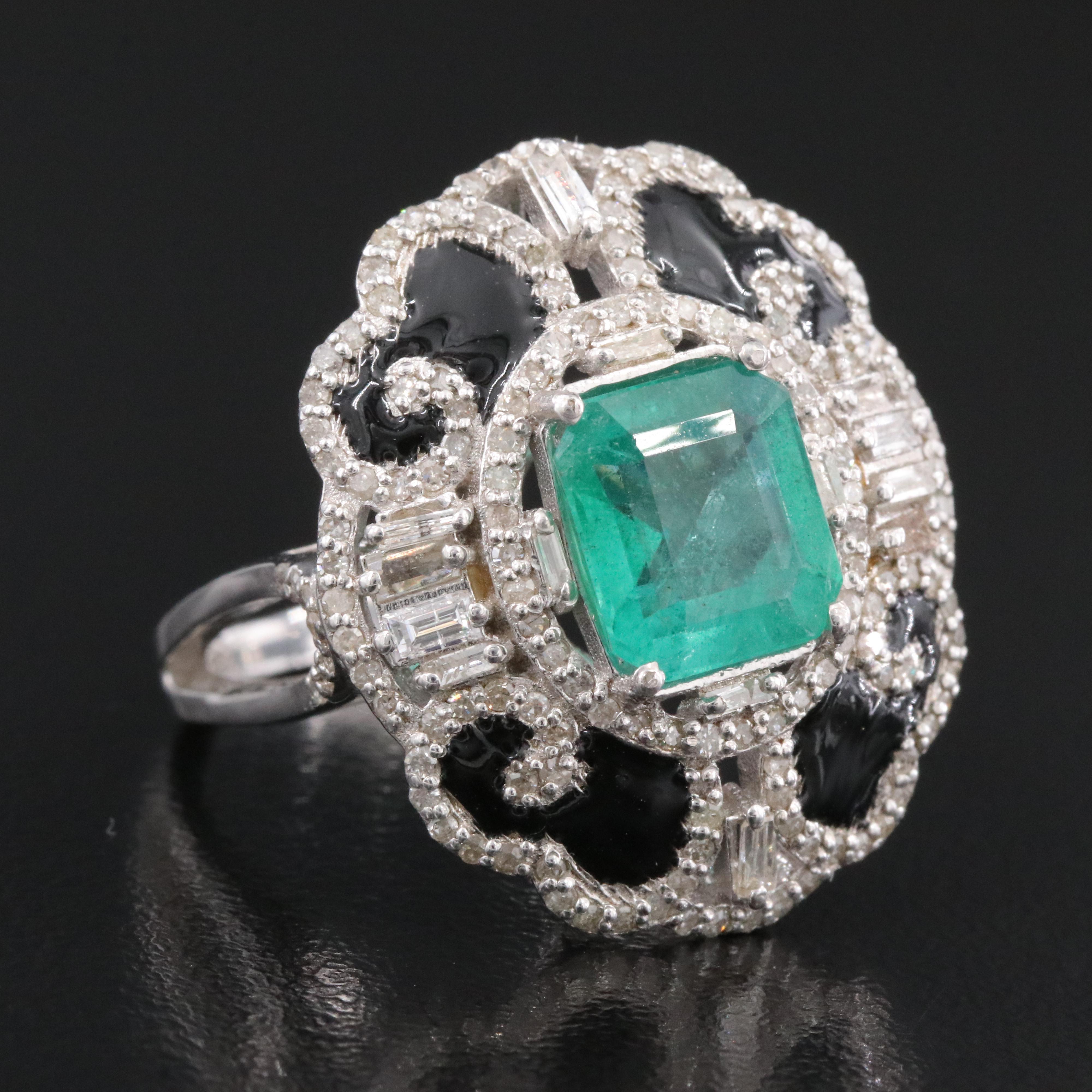 Sterling 2.10 CT Emerald, Diamond and Enamel Ring