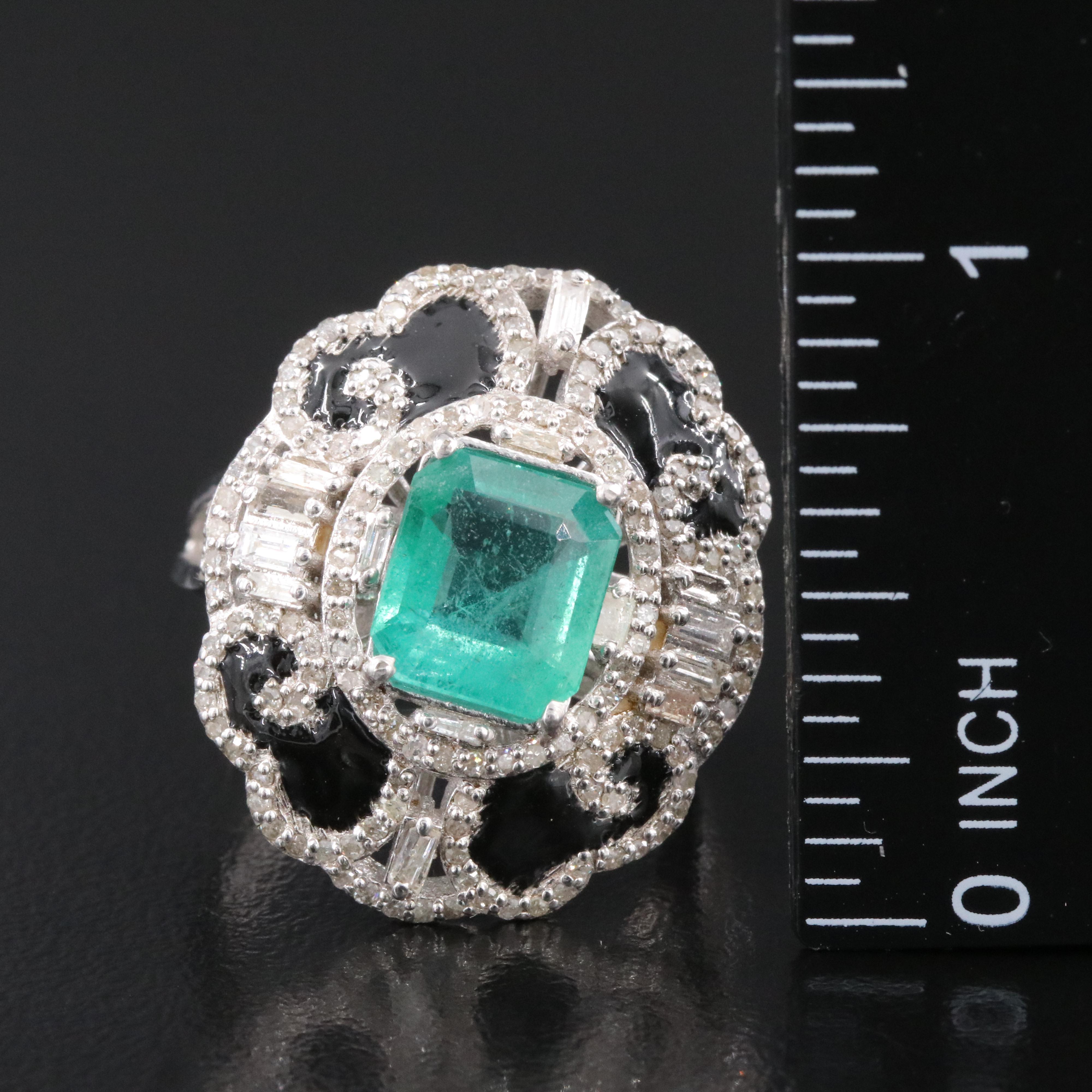 Sterling 2.10 CT Emerald, Diamond and Enamel Ring
