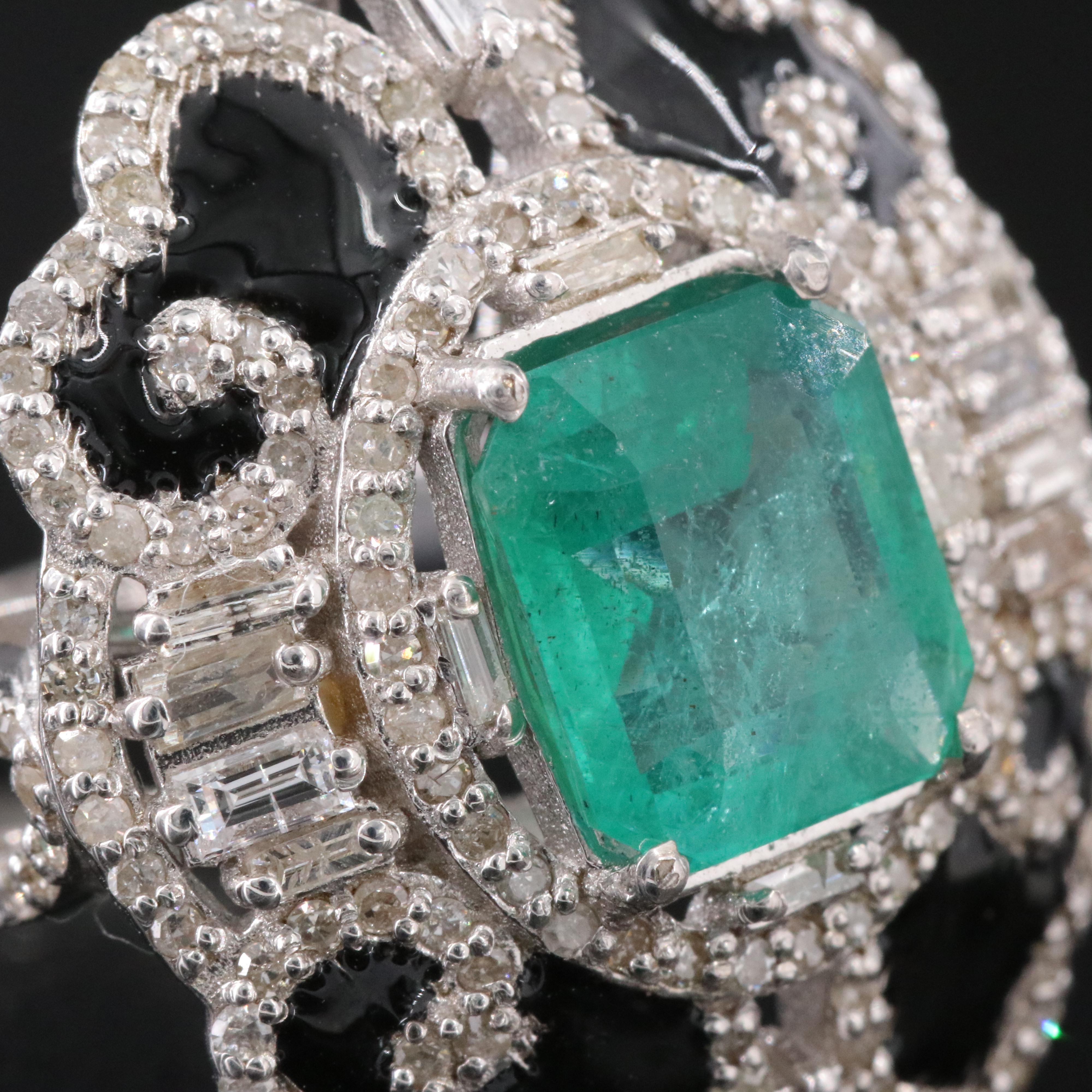 Sterling 2.10 CT Emerald, Diamond and Enamel Ring