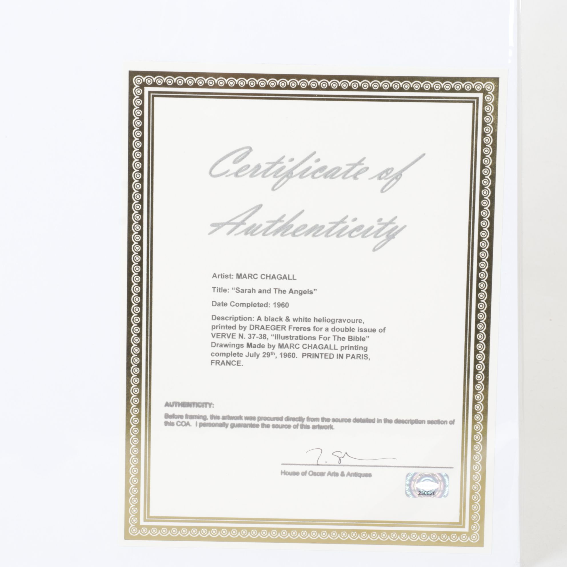 After Marc Chagall Offset Lithograph "Sarah and the Angels", 1960