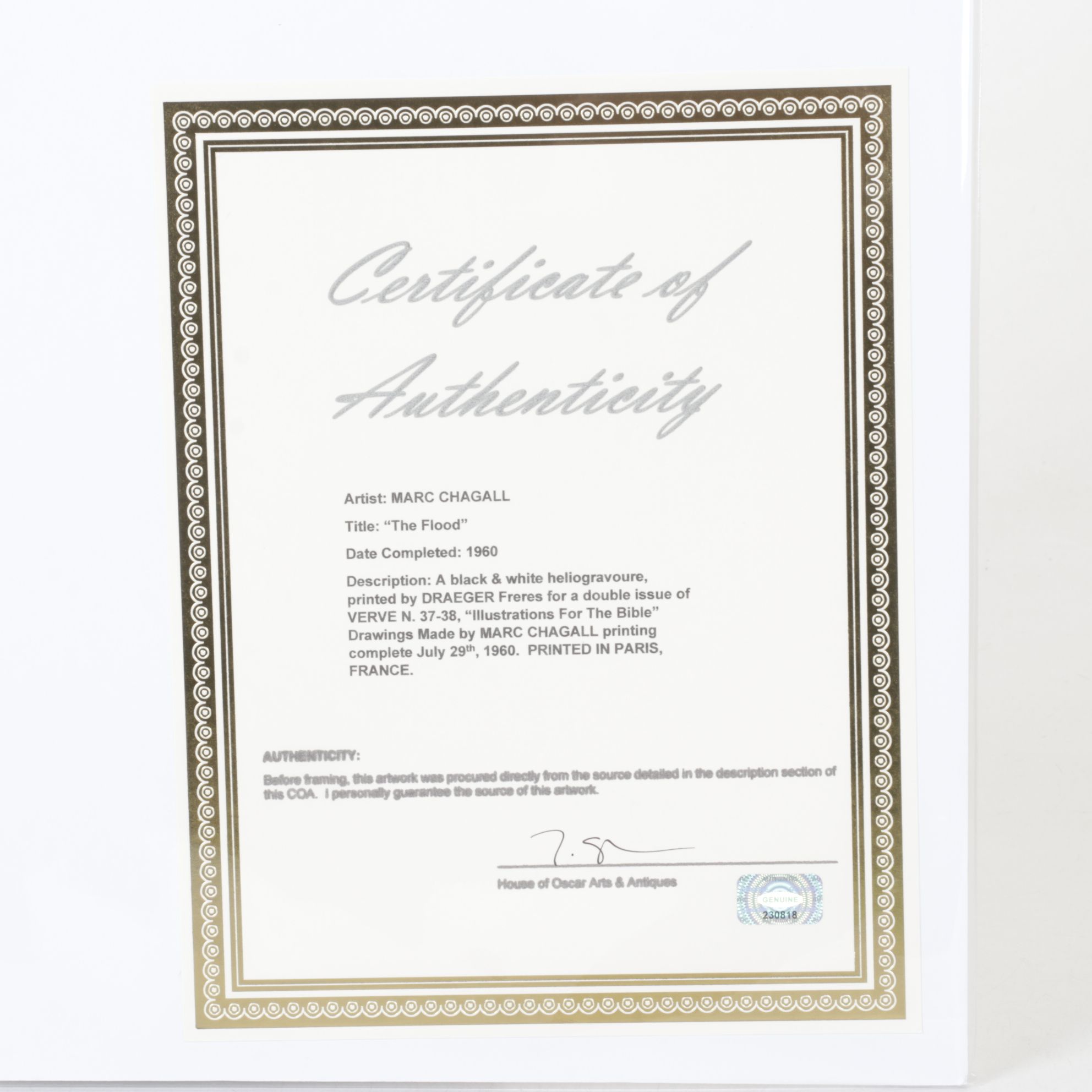 After Marc Chagall Offset Lithograph "The Flood", 1960