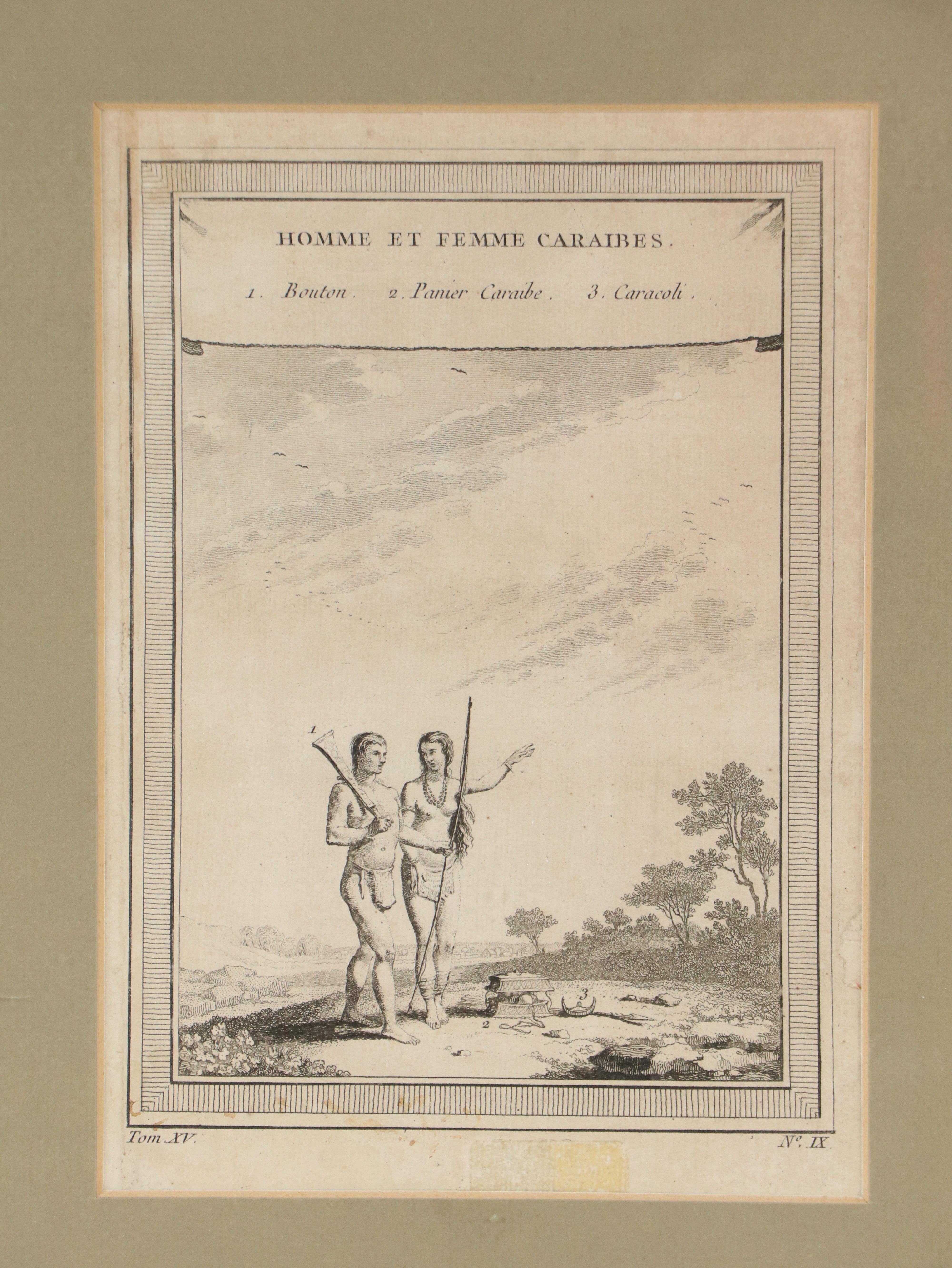 Antique Engraving "Homme et Femme Caraibes" from "Histoire générale des voyages"