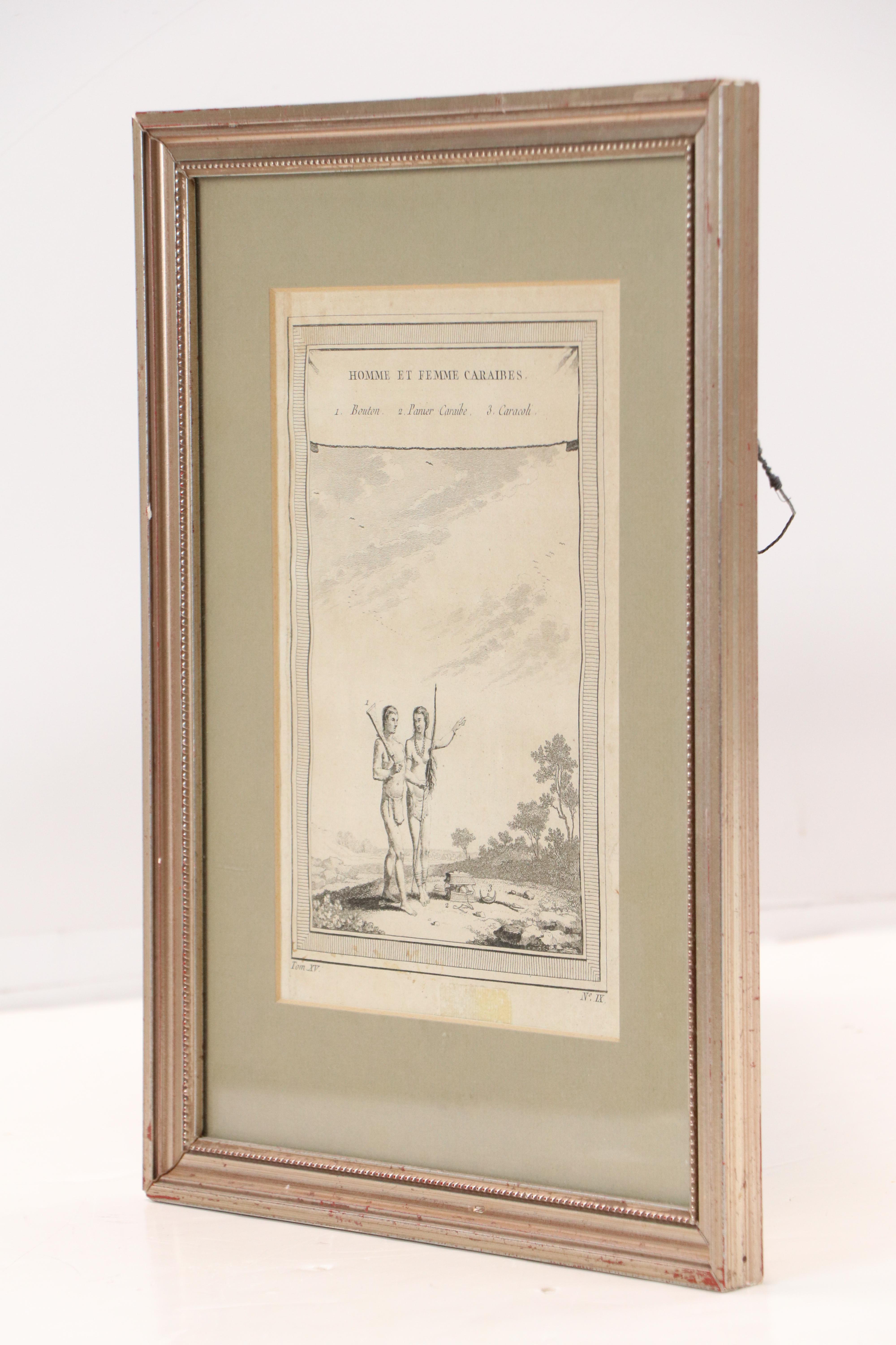 Antique Engraving "Homme et Femme Caraibes" from "Histoire générale des voyages"