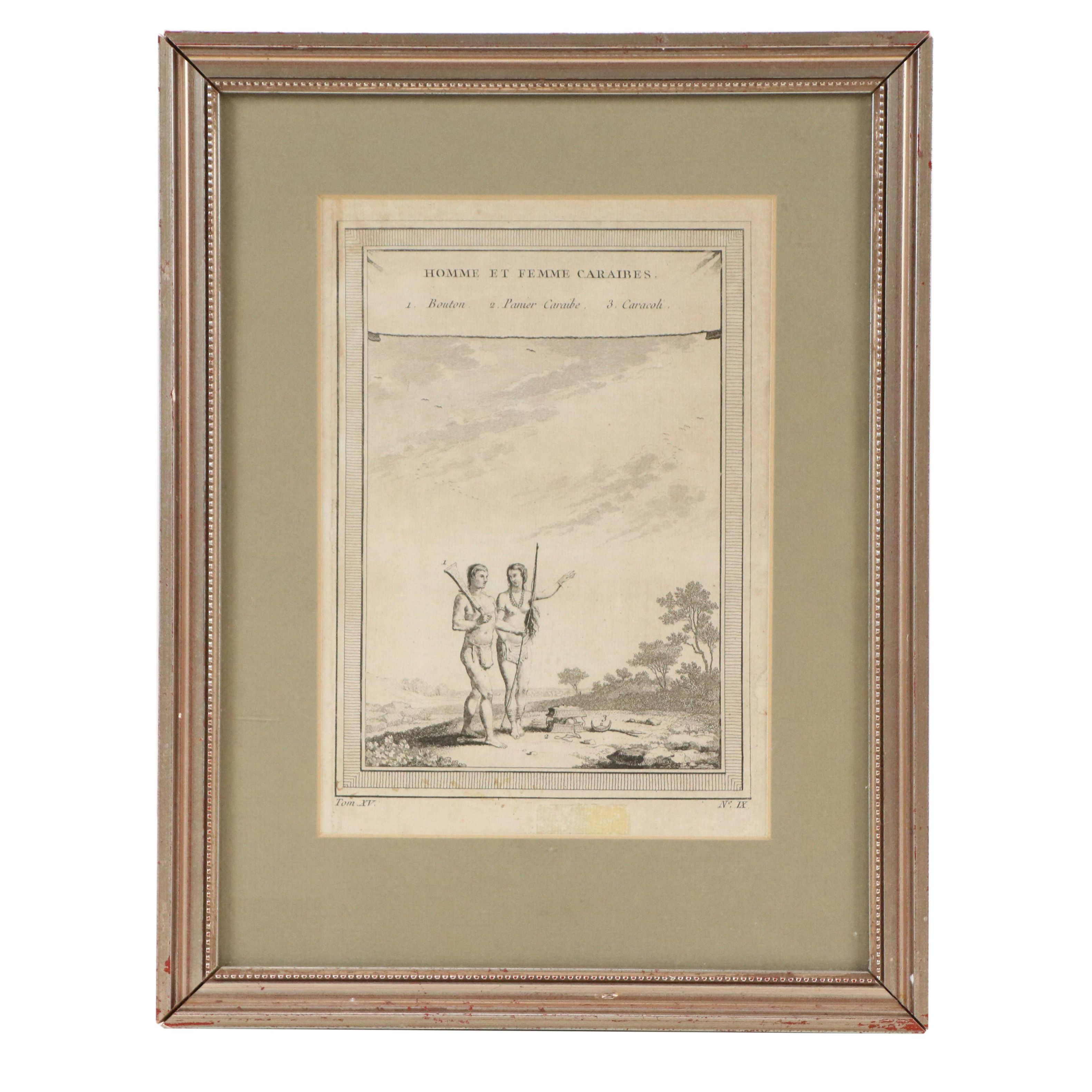 Antique Engraving "Homme et Femme Caraibes" from "Histoire générale des voyages"