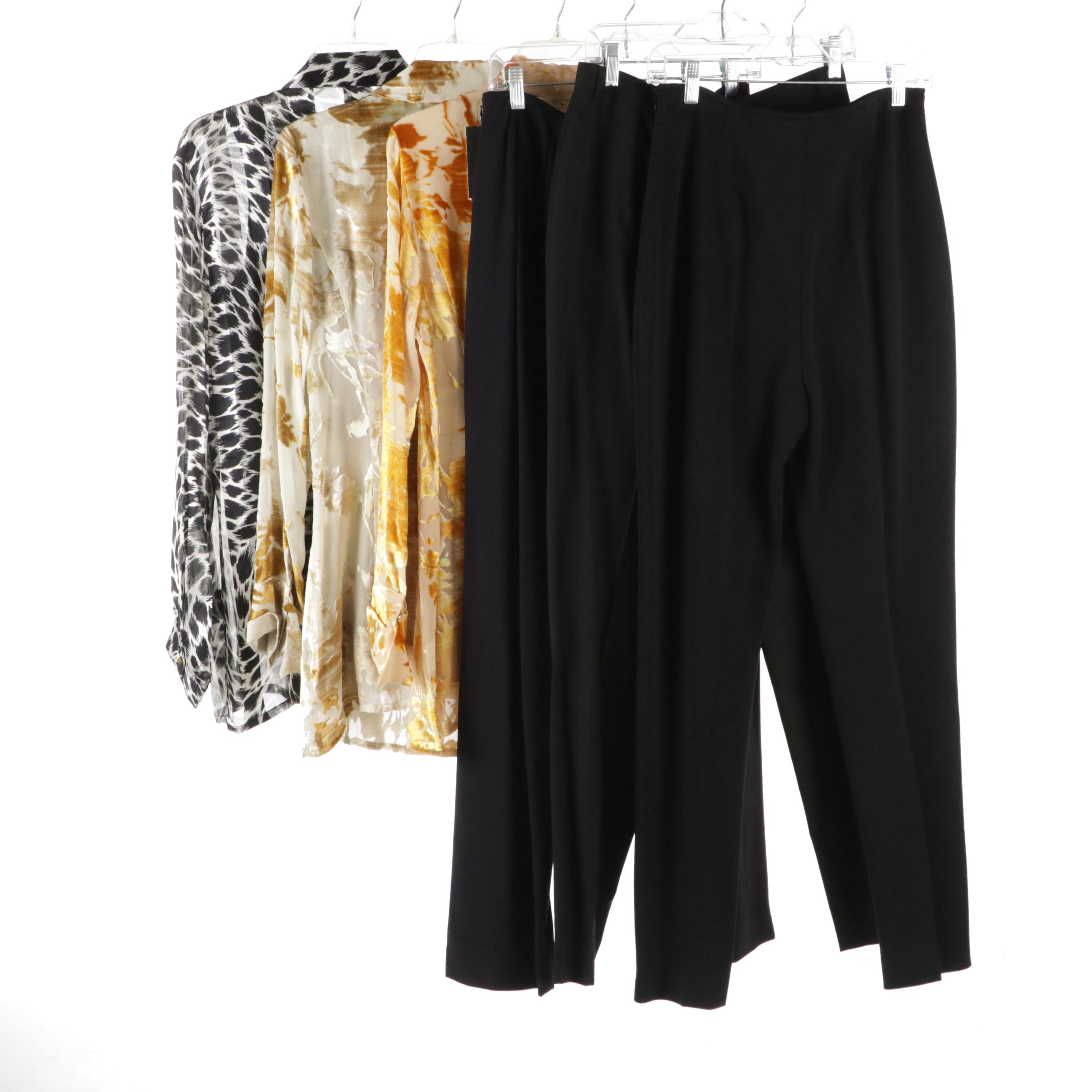 Escada and Donna Karan Patterned Silk Blouses and Black Trousers, With Tags