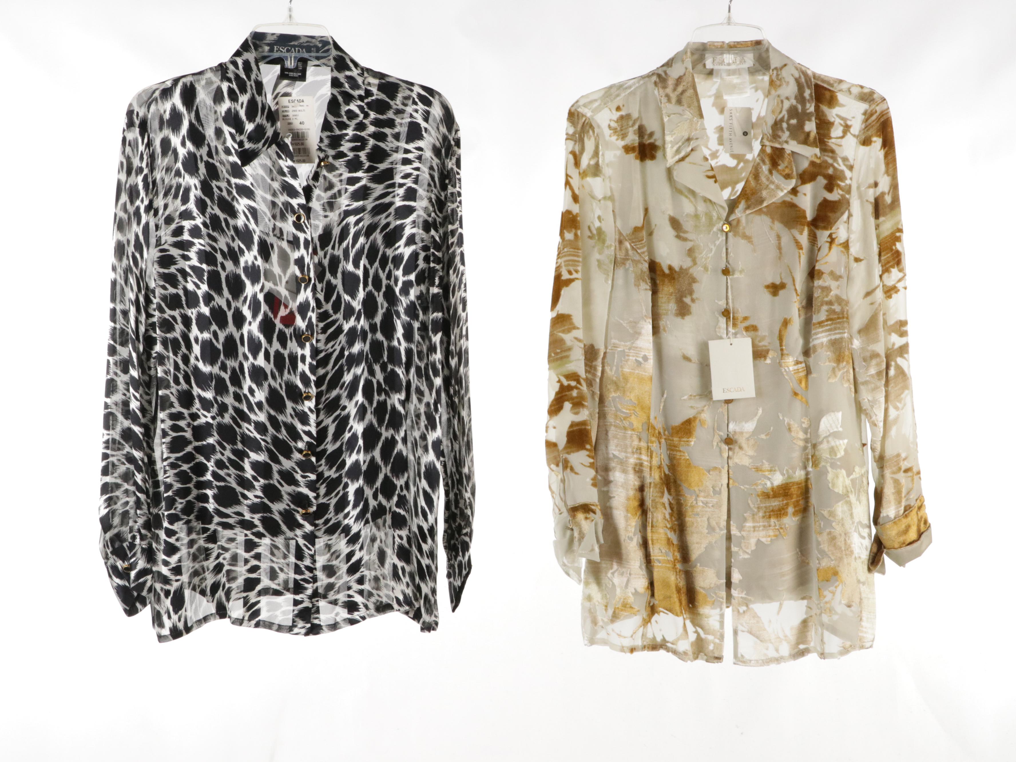Escada and Donna Karan Patterned Silk Blouses and Black Trousers, With Tags