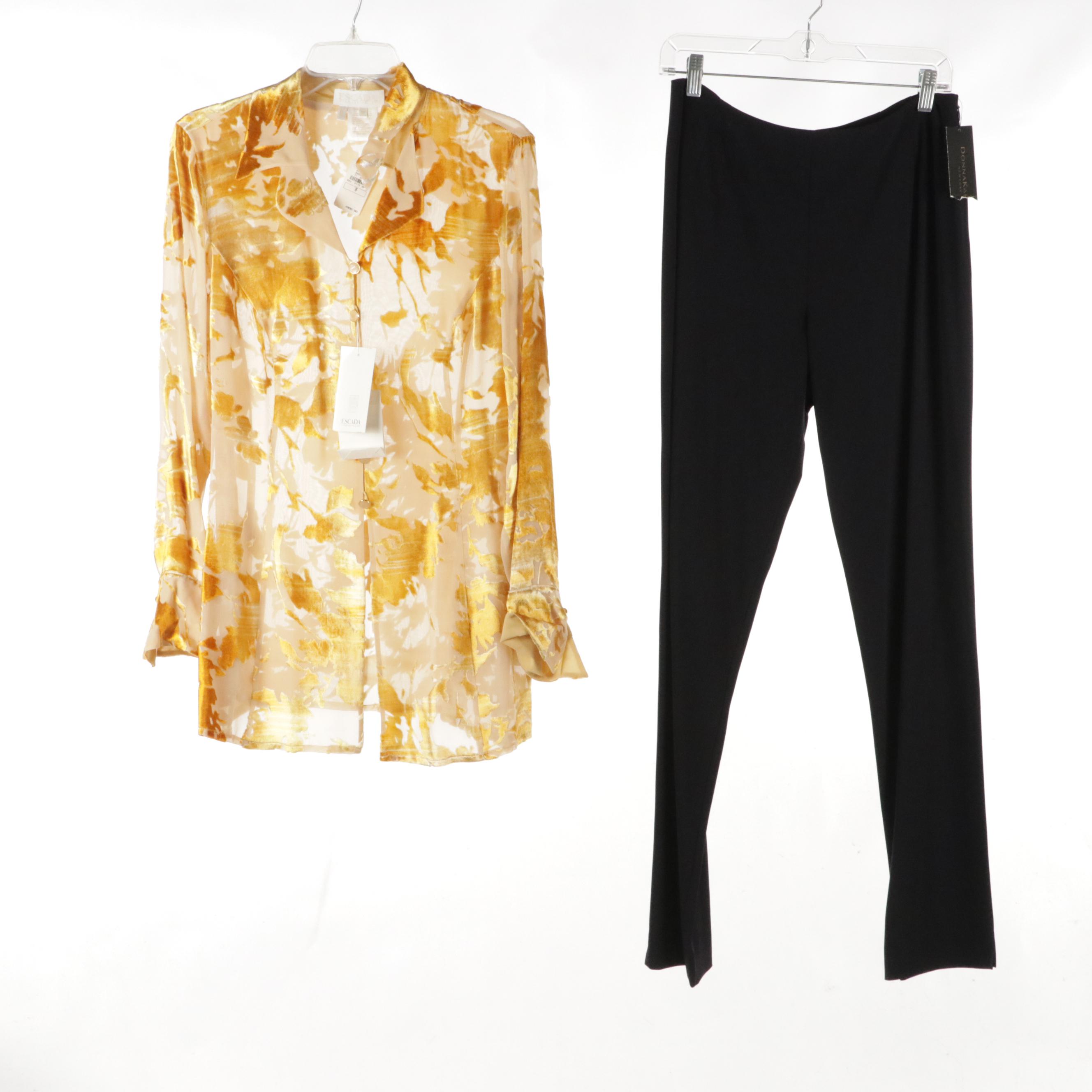 Escada and Donna Karan Patterned Silk Blouses and Black Trousers, With Tags