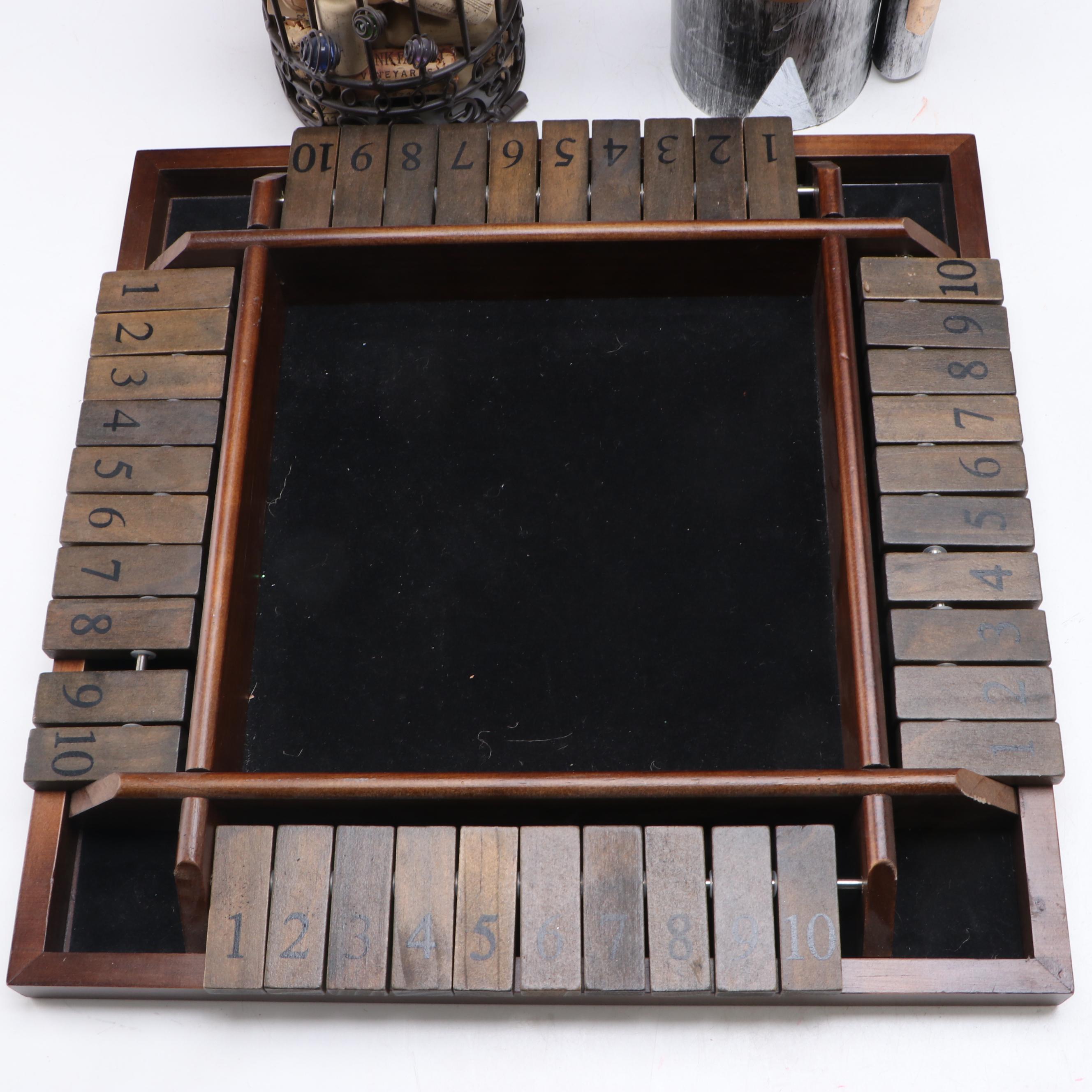 Wooden "Shut The Box" Game with Wine Bottle Holder and Decor