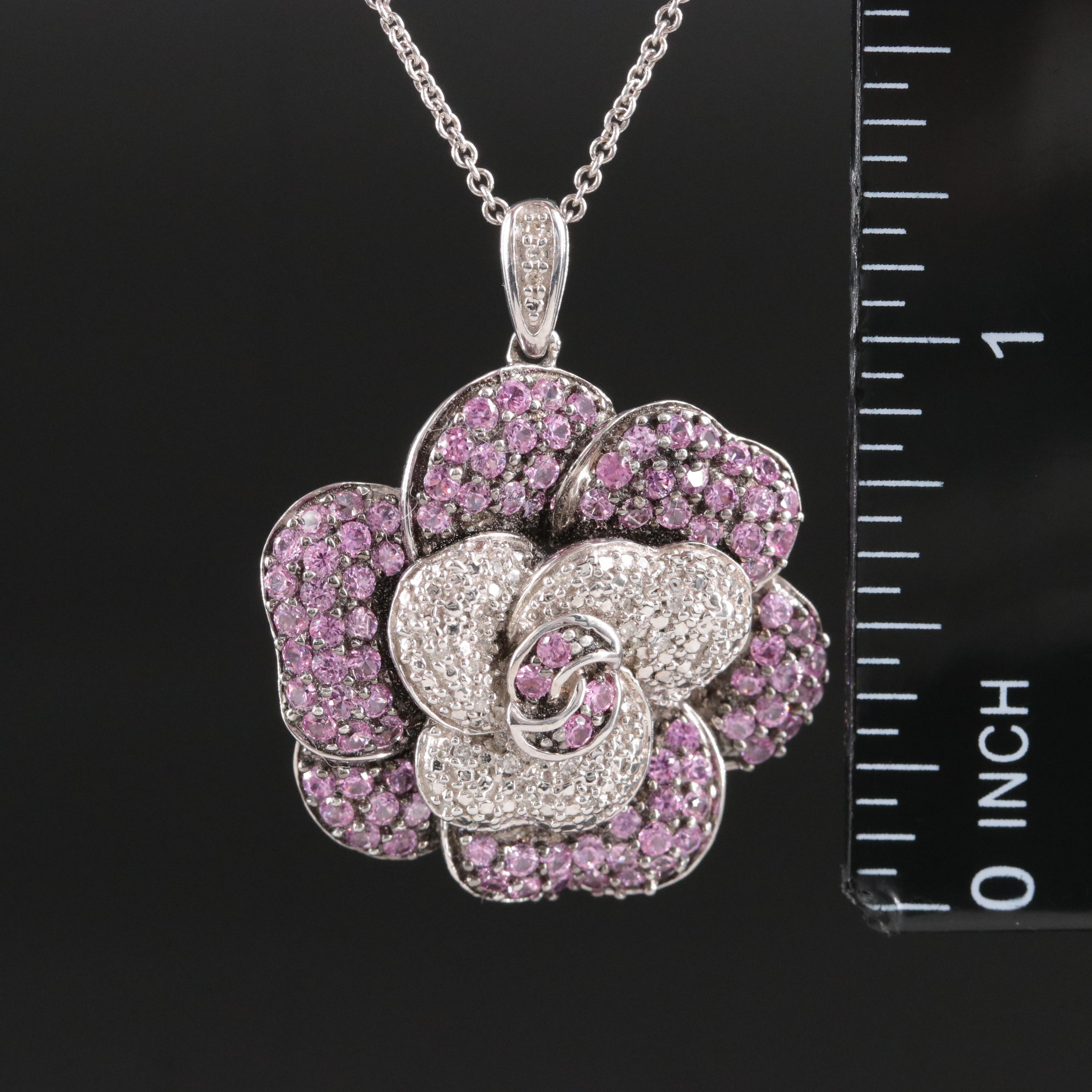 Sterling Pavé Sapphire and Diamond Flower Pendant Necklace