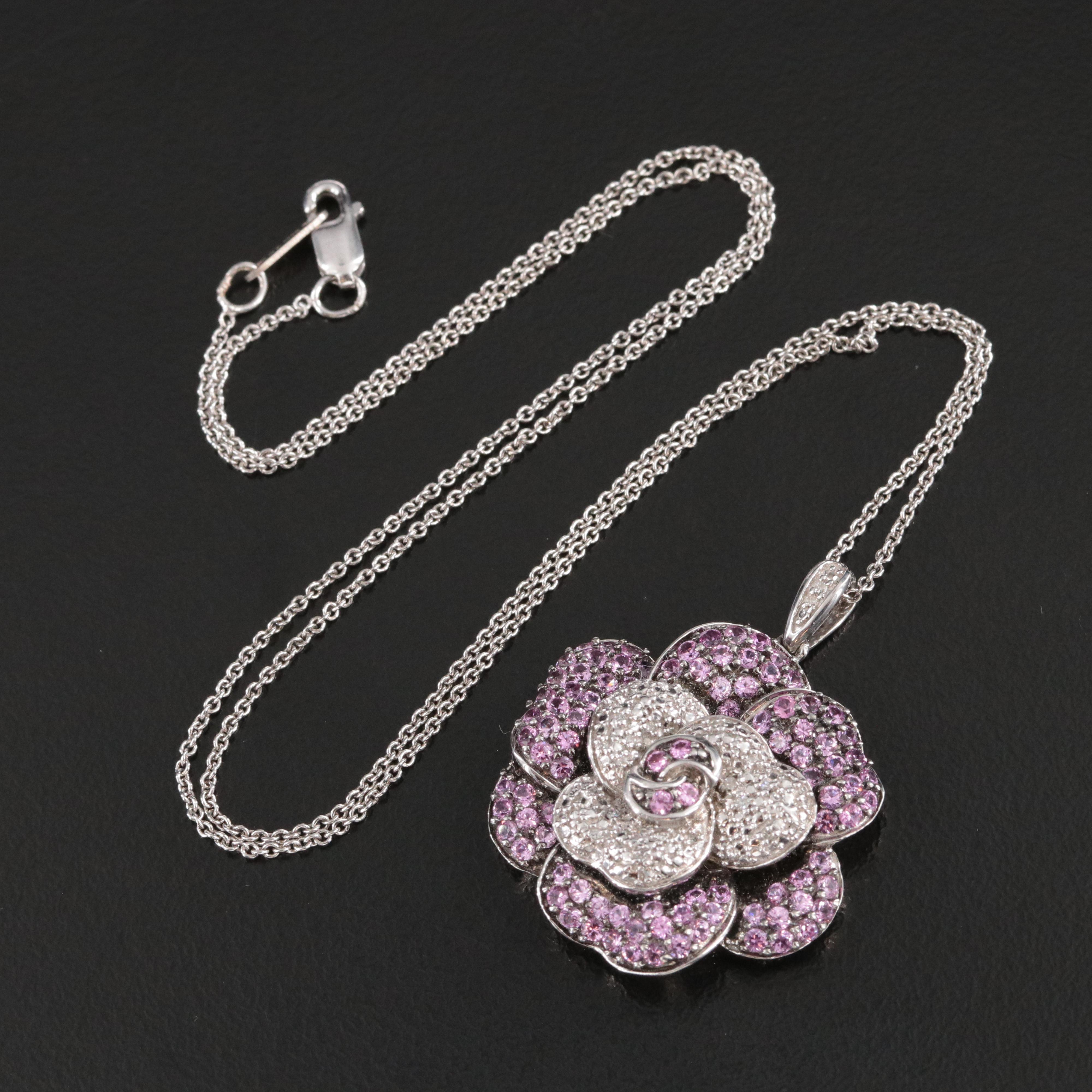 Sterling Pavé Sapphire and Diamond Flower Pendant Necklace