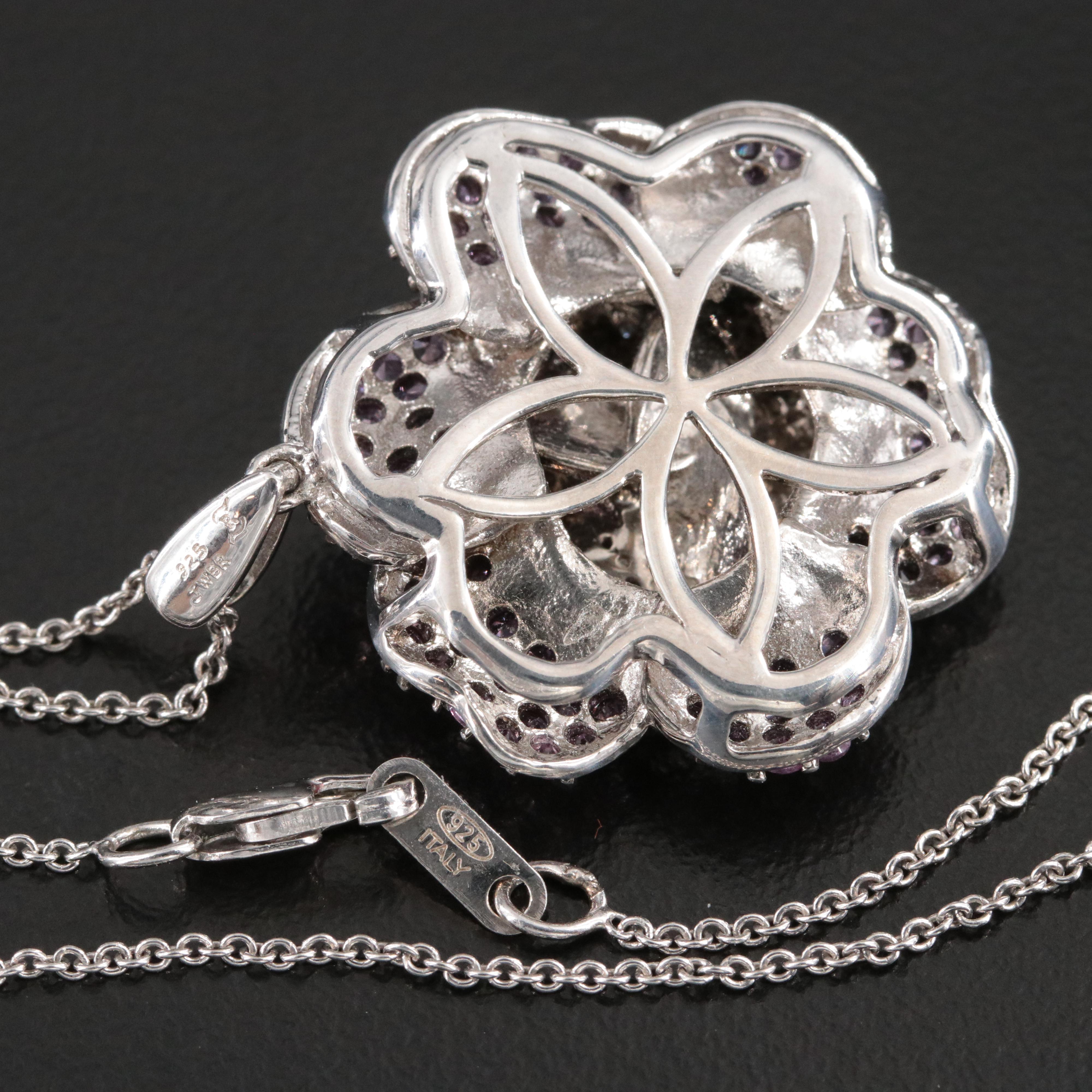 Sterling Pavé Sapphire and Diamond Flower Pendant Necklace