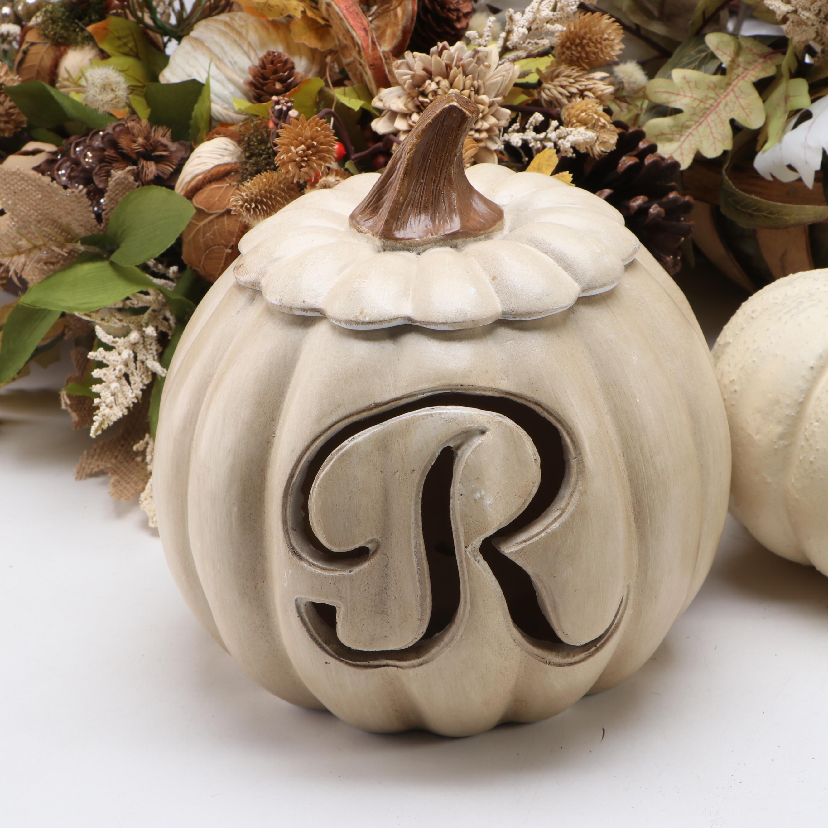 Artificial White Pumpkins with Other Fall Centerpieces